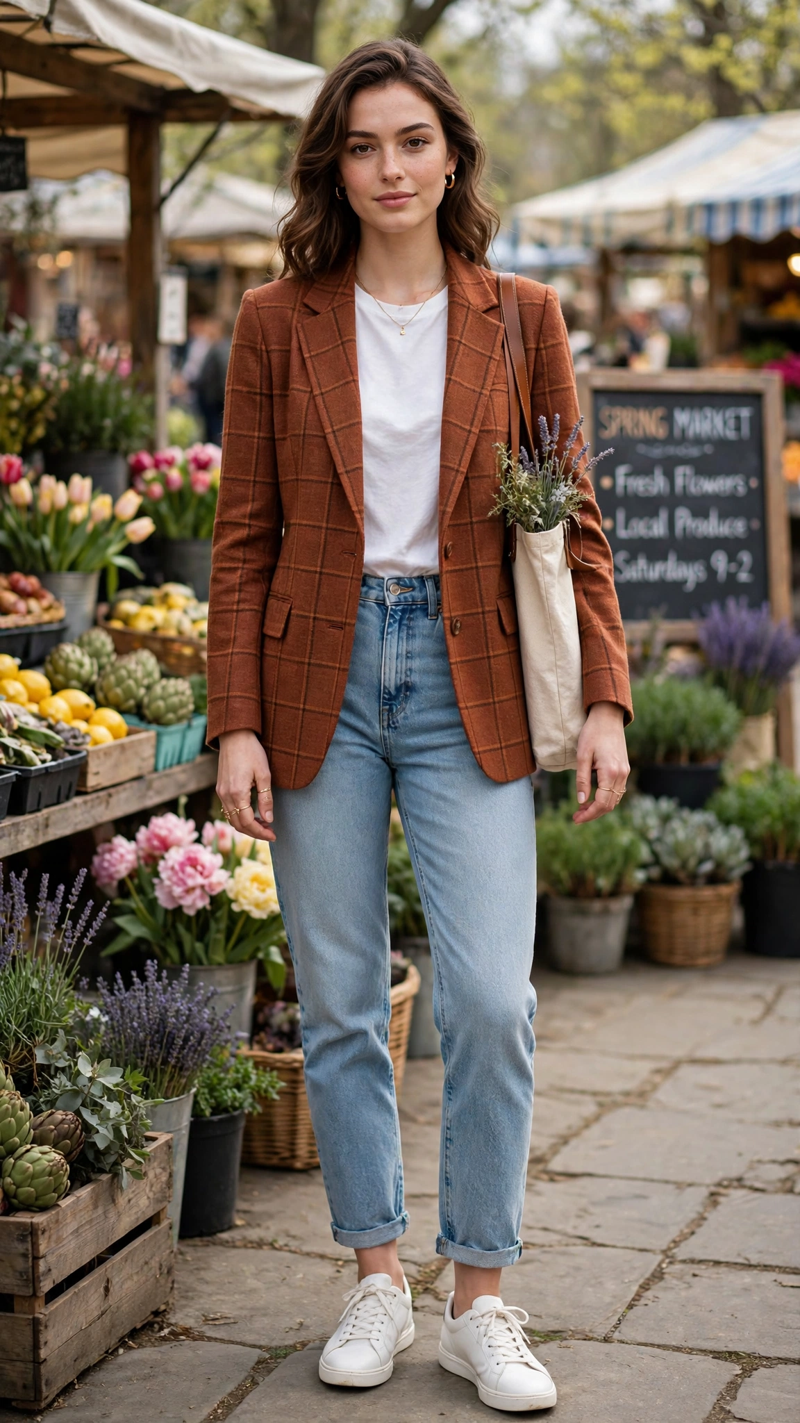 Rust check blazer with light-wash jeans