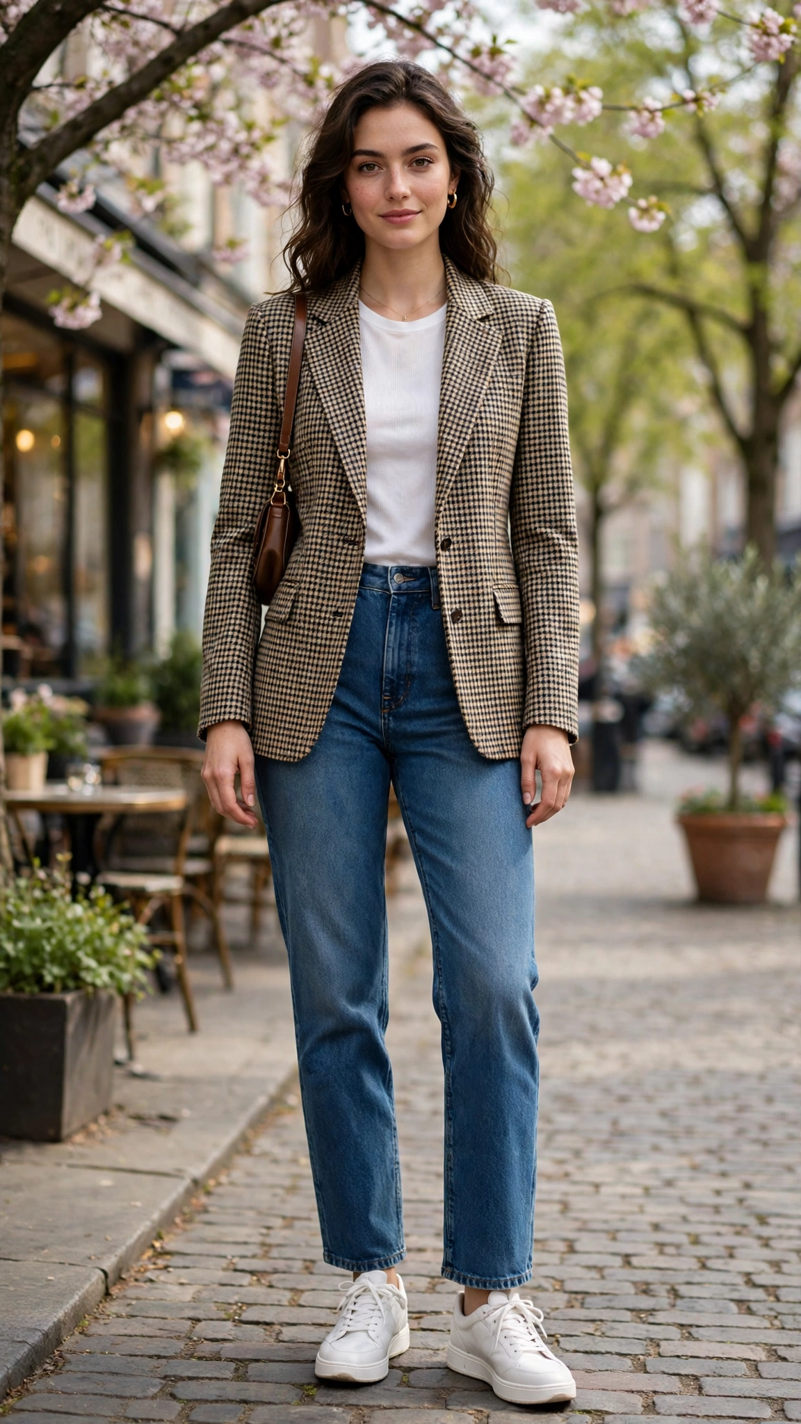 Fitted check blazer with straight-leg jeans
