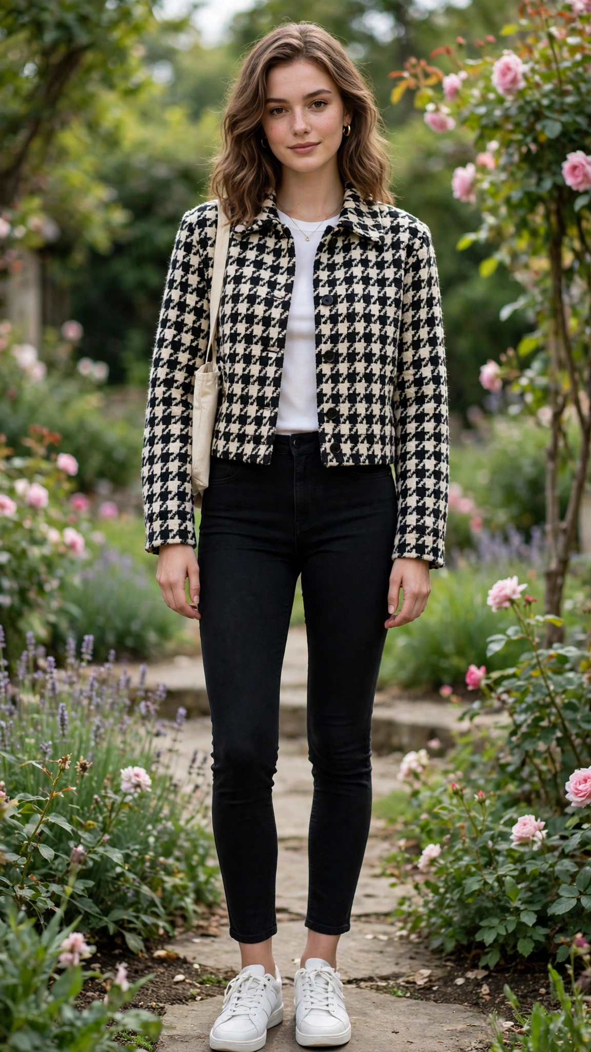 Cropped check jacket with black slim jeans