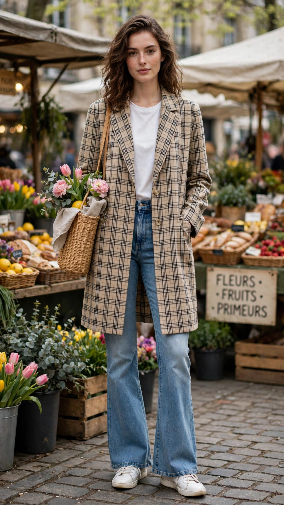 Longline check jacket with flared jeans