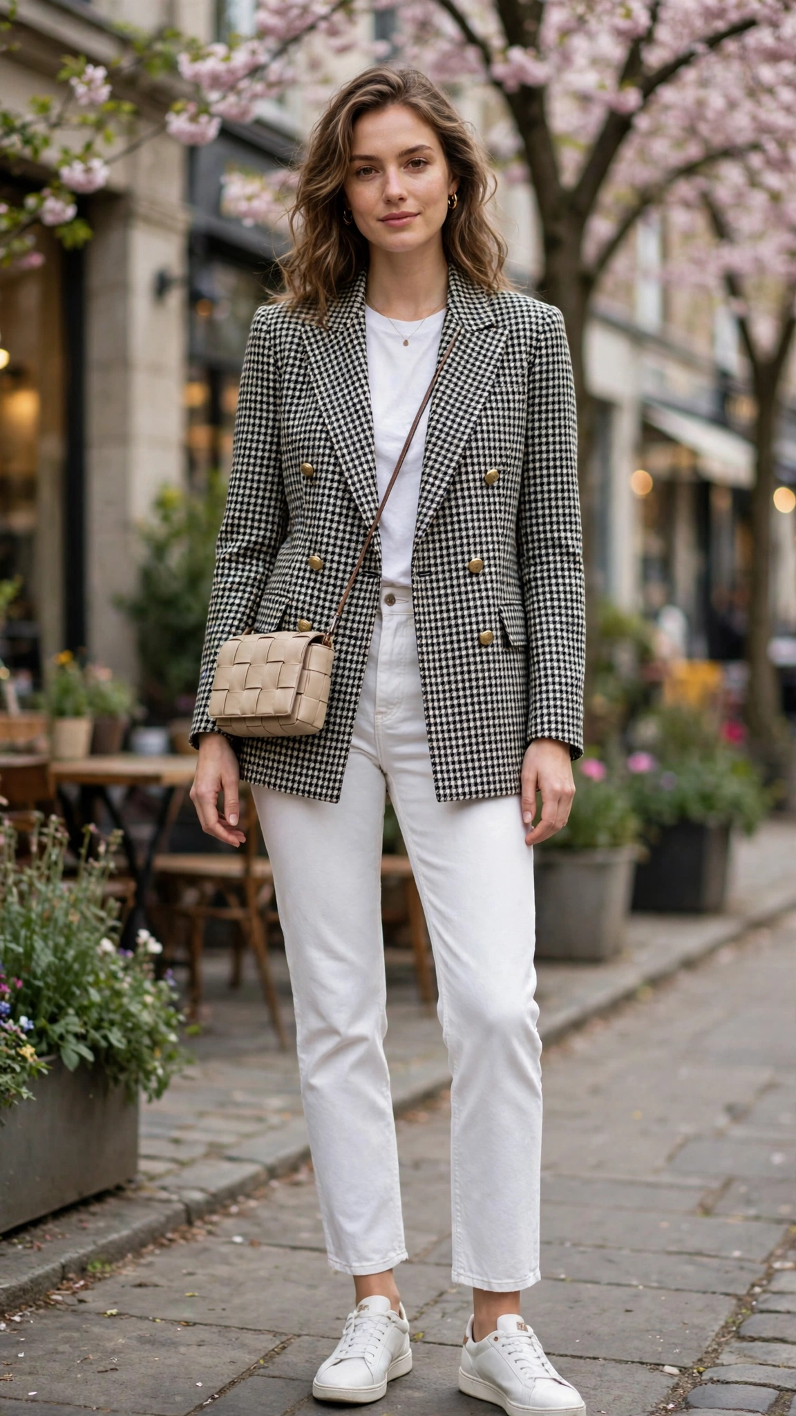 Double-breasted check blazer with white jeans