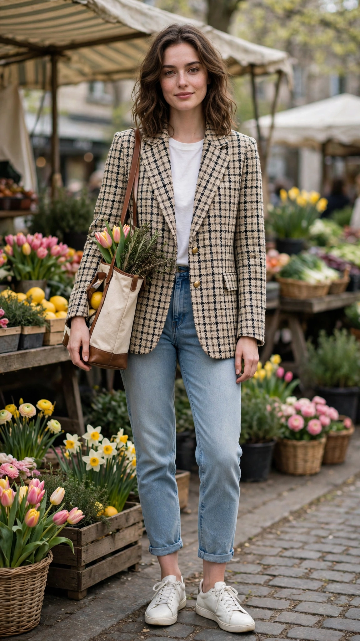 Tweed check blazer with ankle jeans