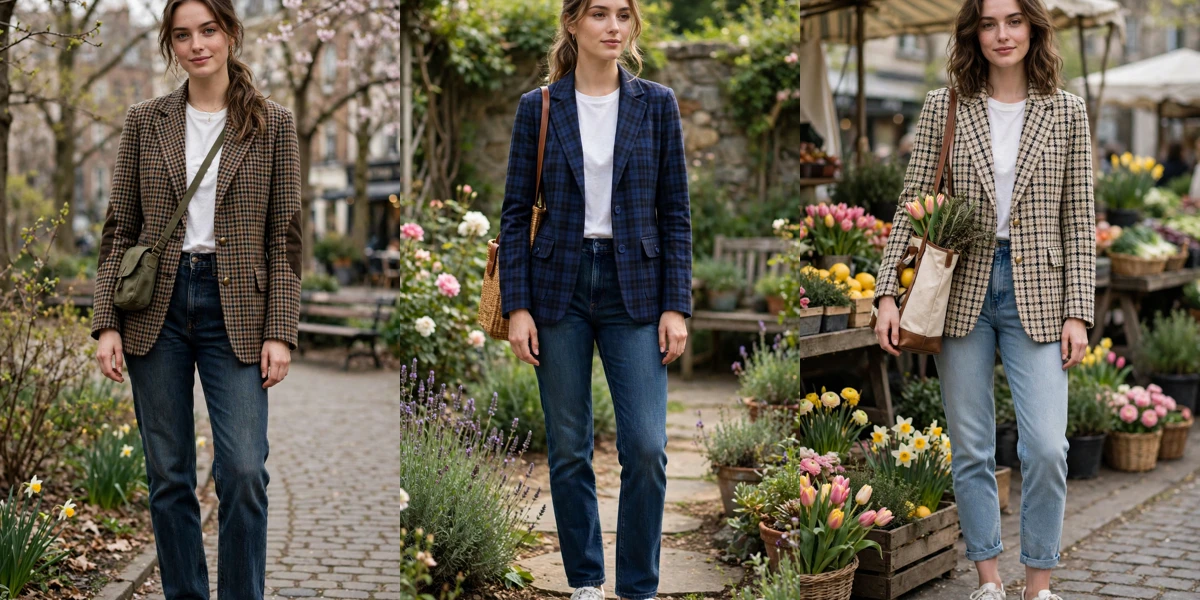 20 Women in Their 20s Check Jacket and Jeans Outfits for March Outings That Are Fresh, Chic and Easy to Wear