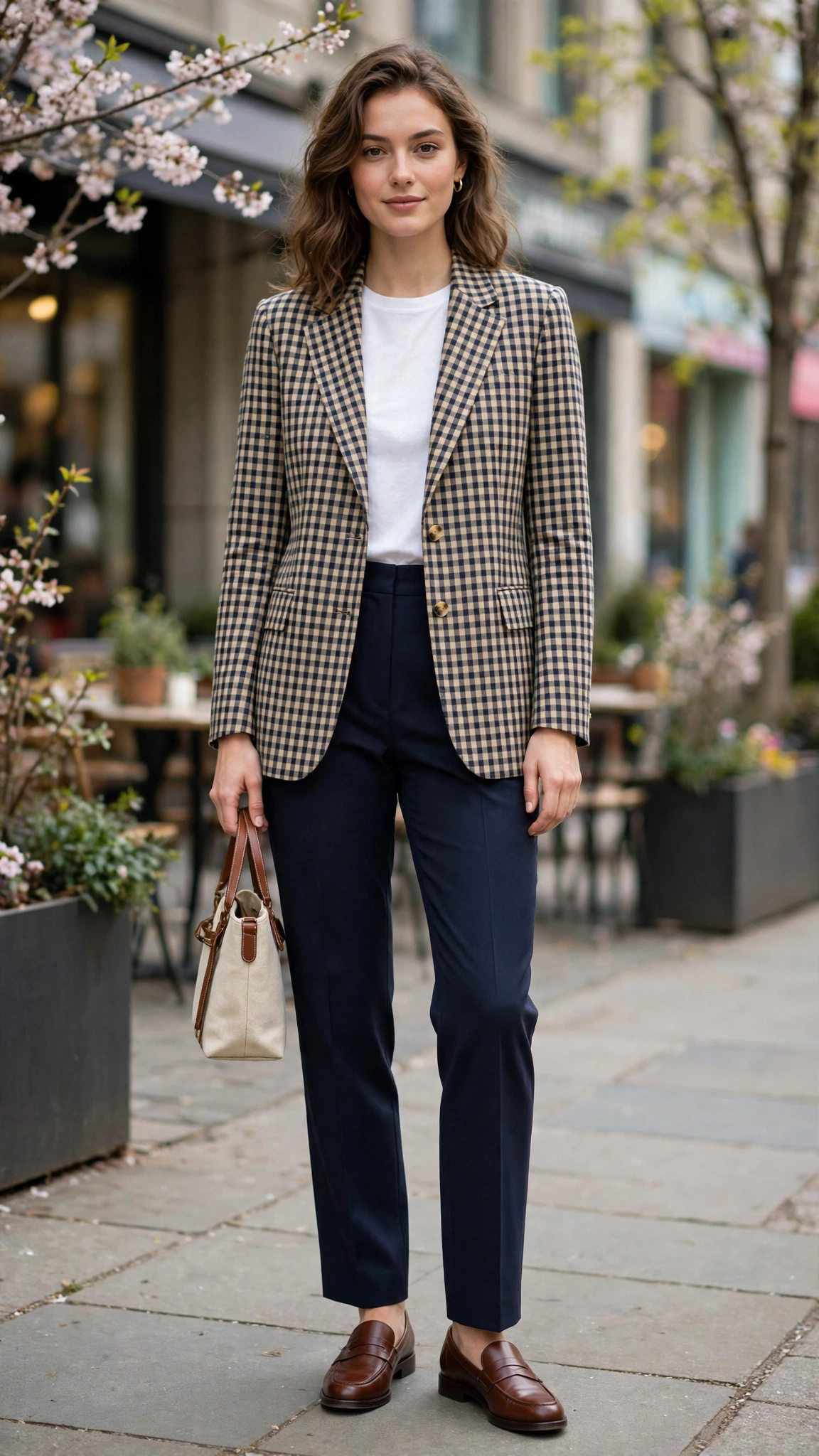 Checked single-breasted blazer with navy trousers