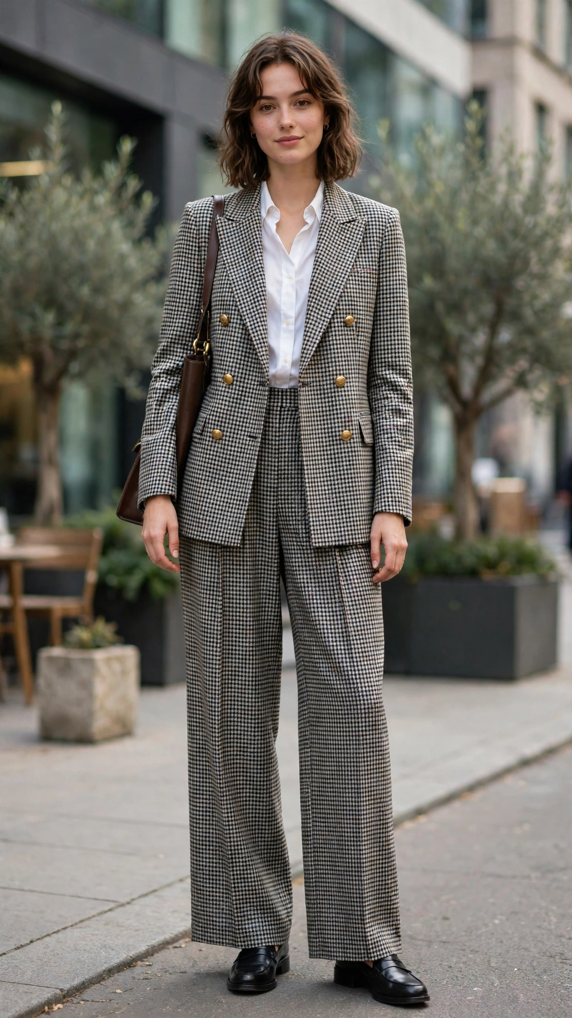 Checked double-breasted blazer with wide-leg trousers