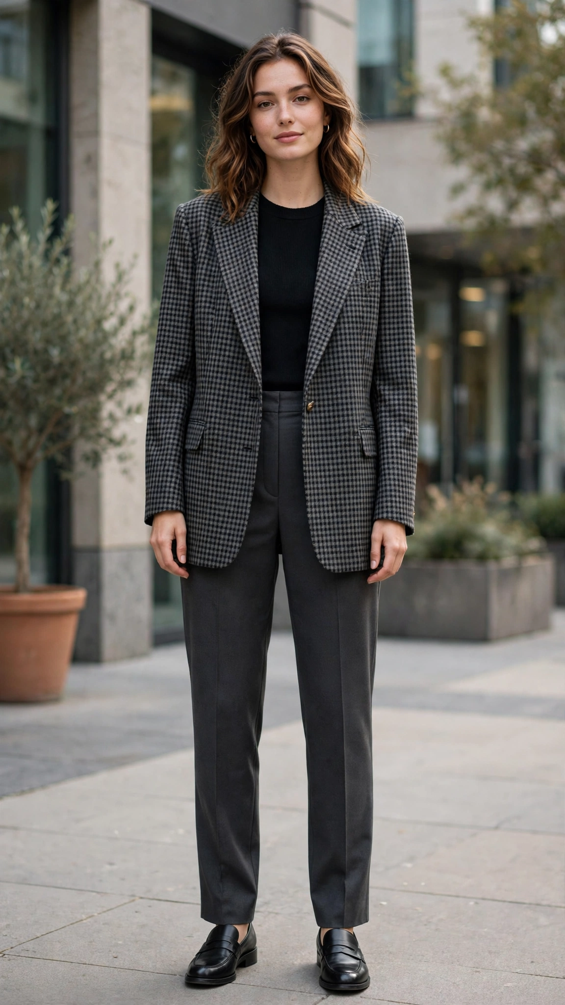 Checked oversized blazer with charcoal trousers