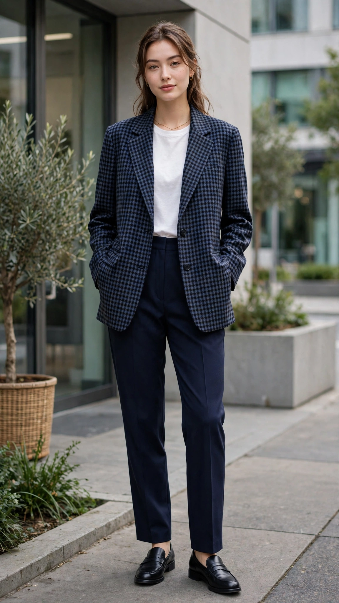 Checked boxy blazer with navy trousers