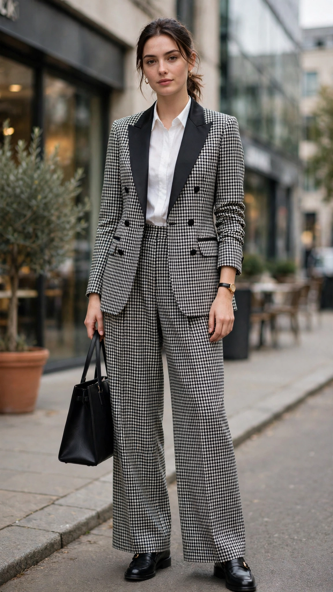 Checked tuxedo-style blazer with wide-leg trousers