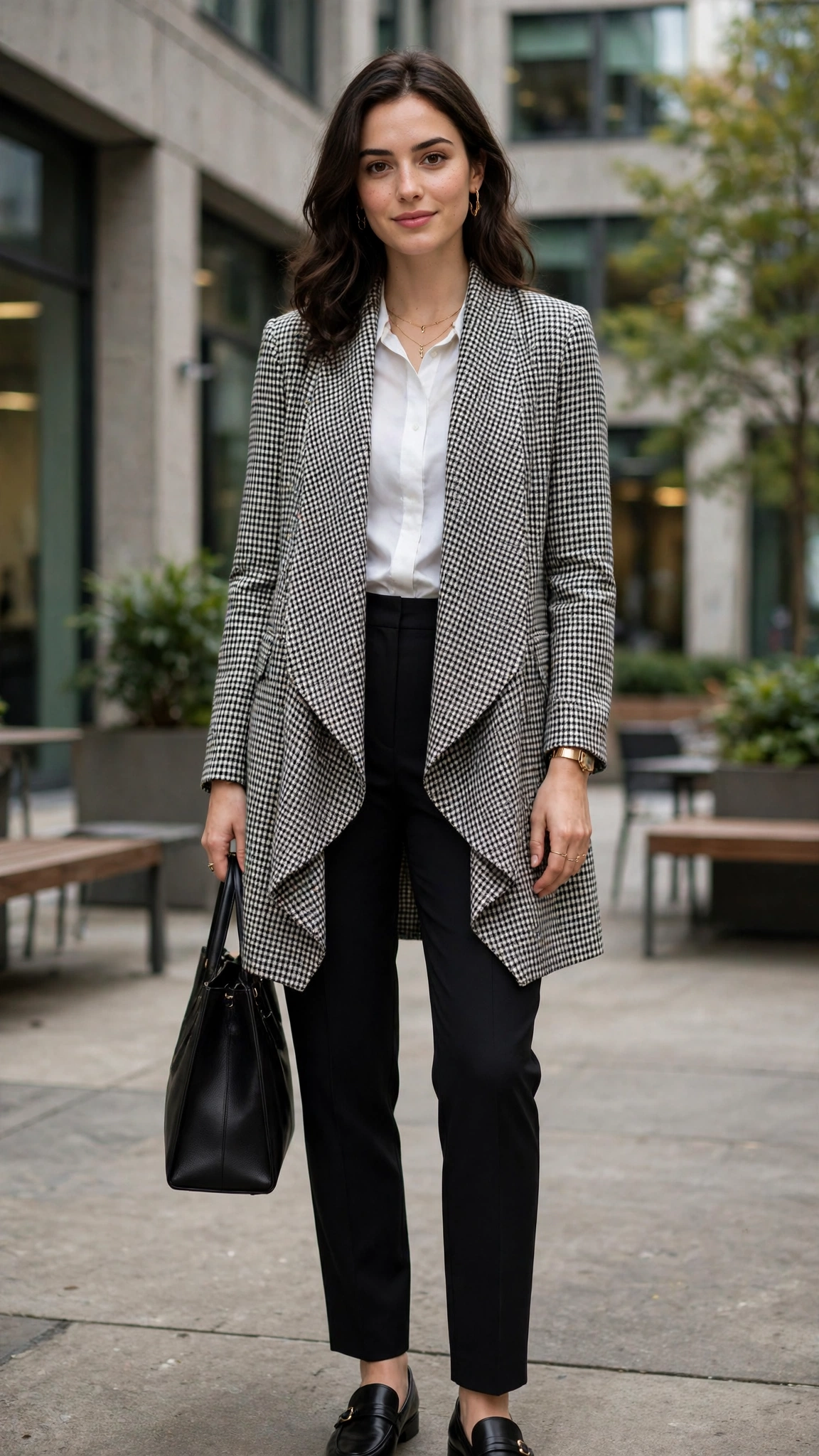 Checked waterfall blazer with black tailored trousers