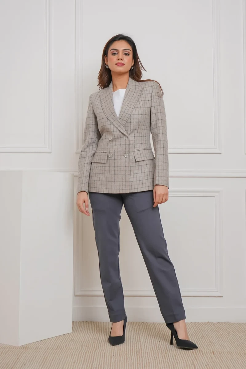 Checked classic blazer with grey trousers