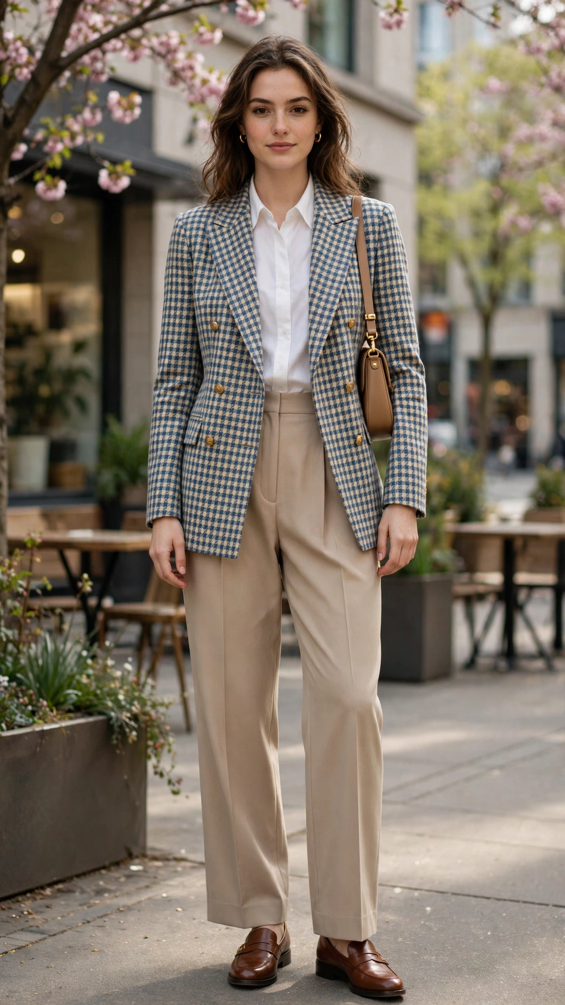 Checked double-breasted blazer with pleated trousers