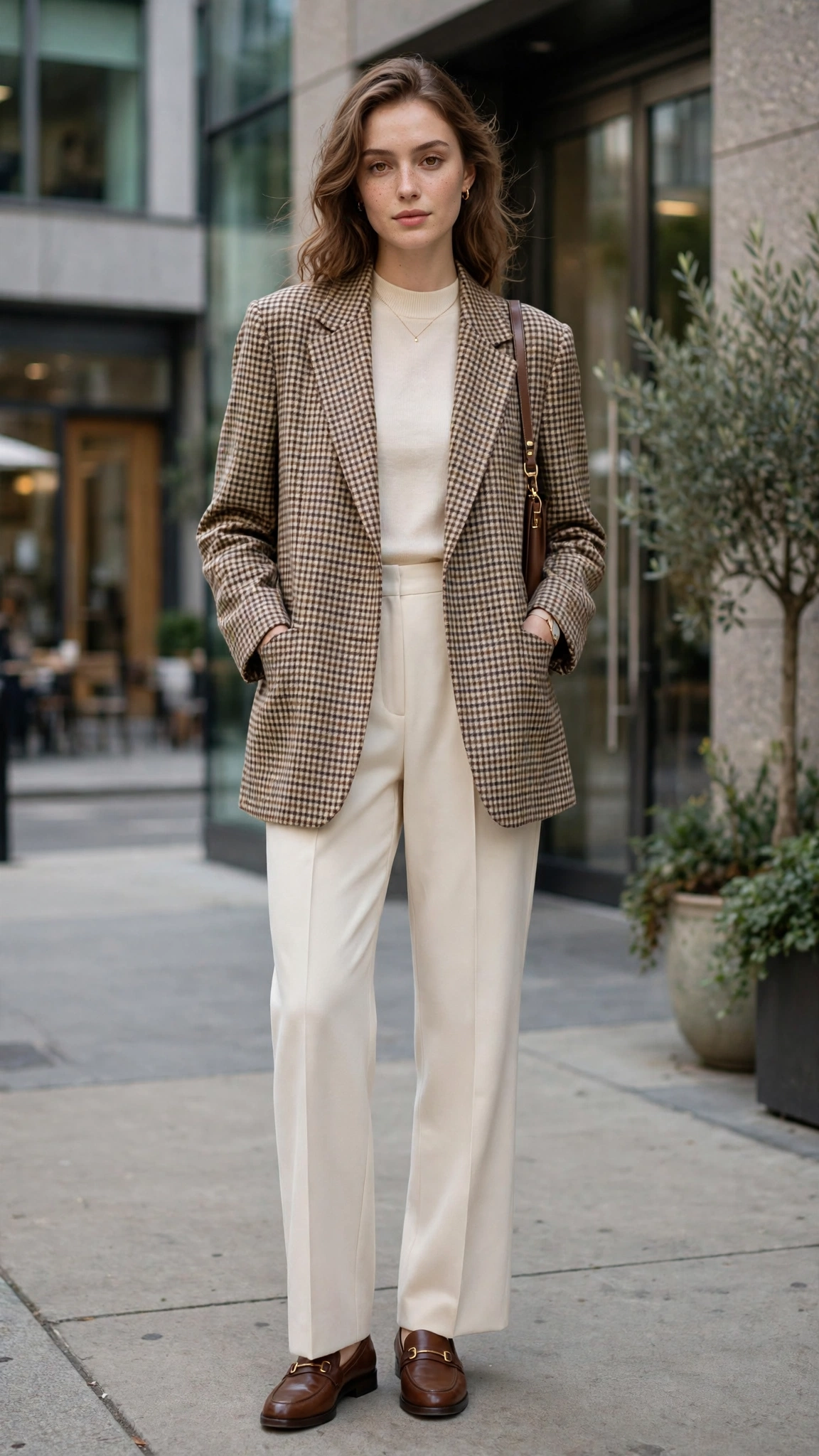 Checked oversized blazer with cream trousers