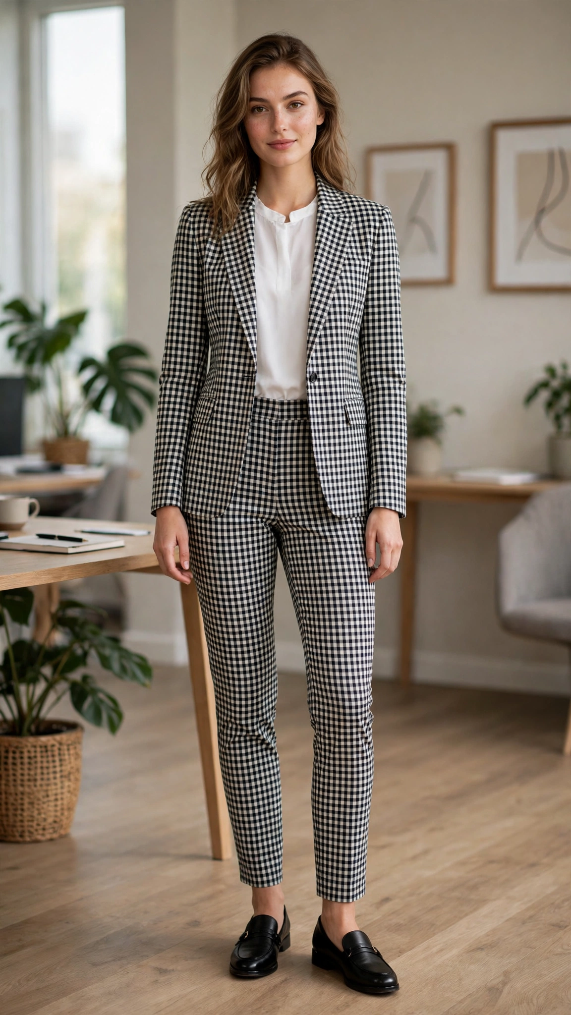 Checked fitted blazer with tapered trousers