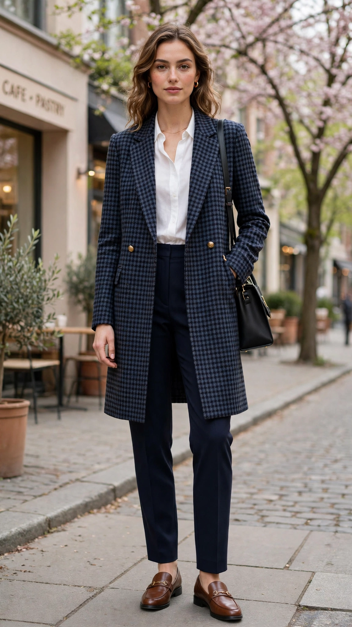 Checked longline blazer with navy trousers