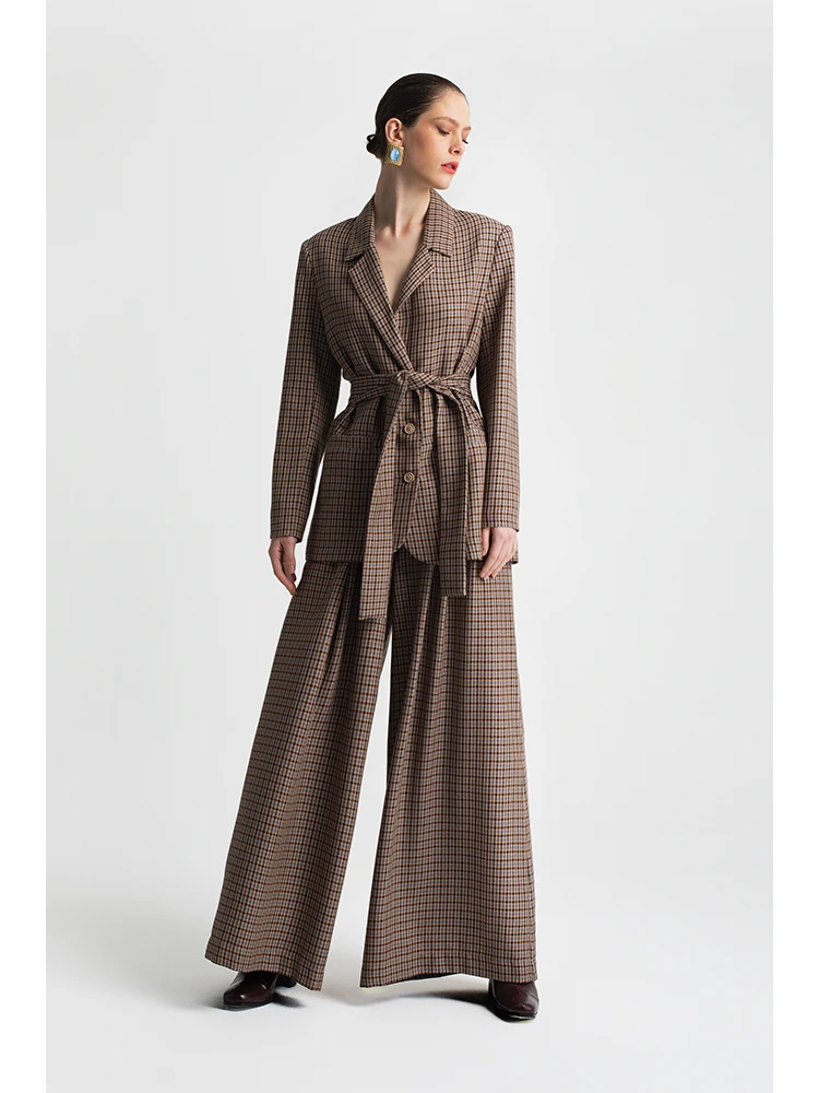 Checked belted blazer with wide-leg trousers