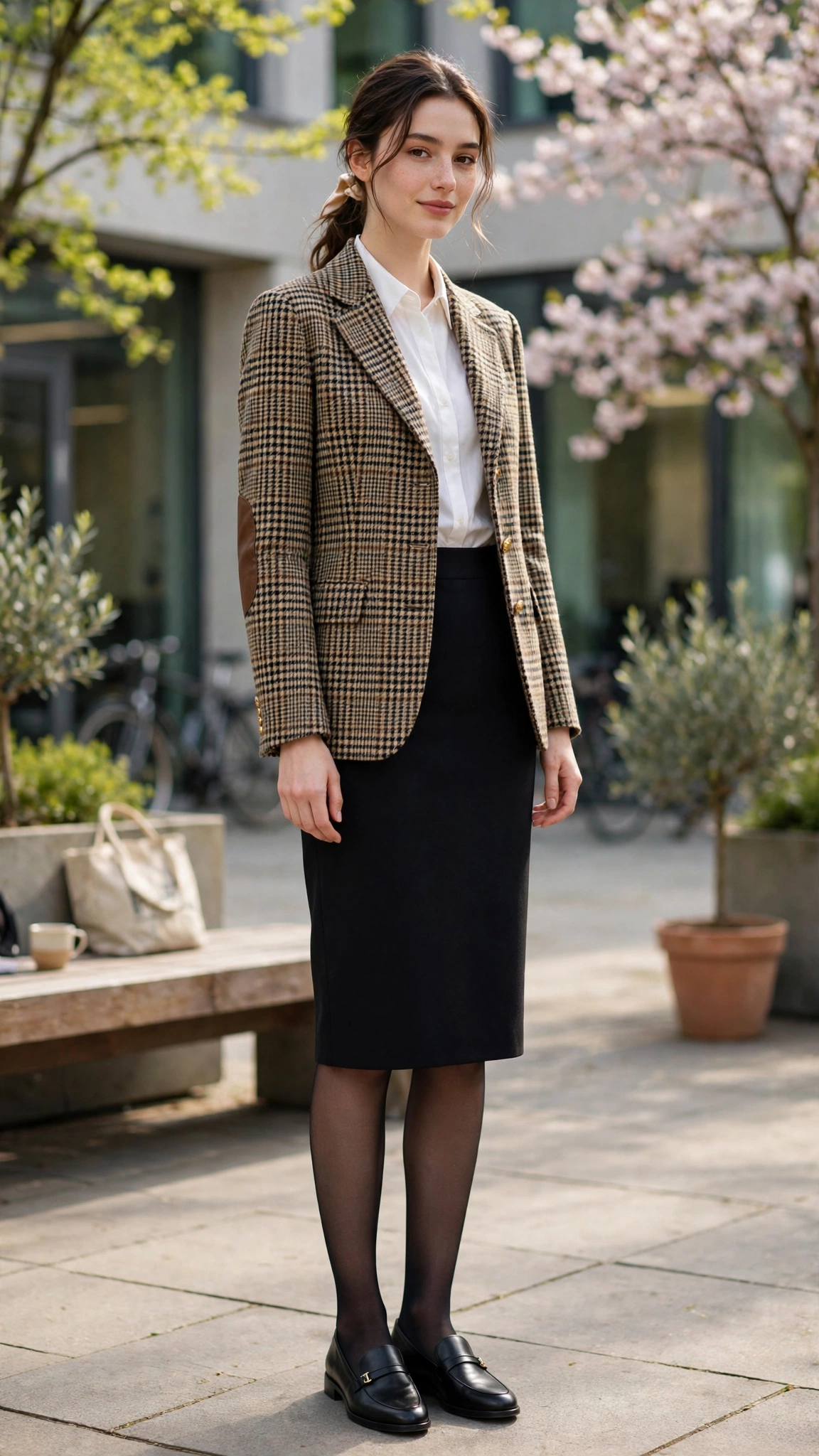 Checked professor jacket with a pencil skirt