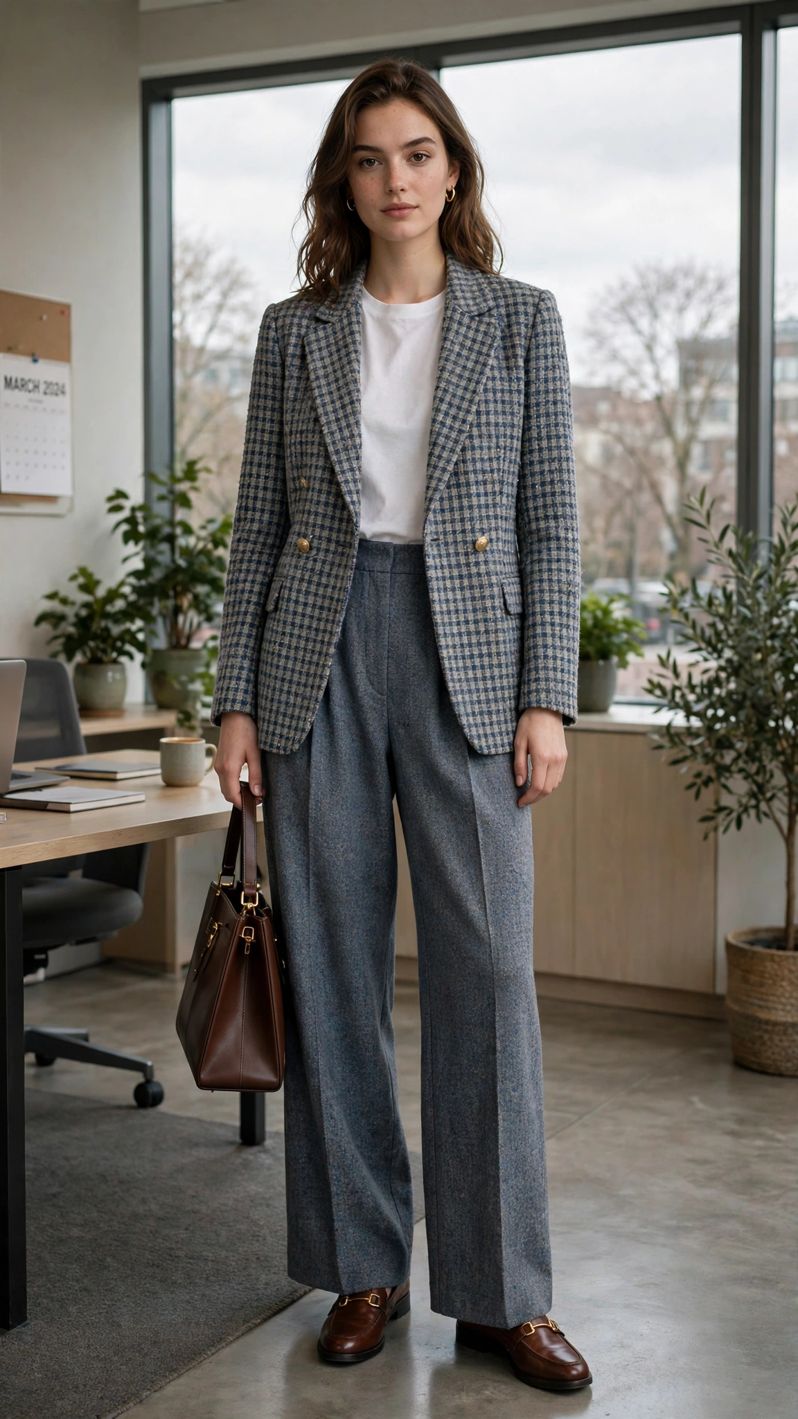 Tweed check blazer with wide-leg trousers