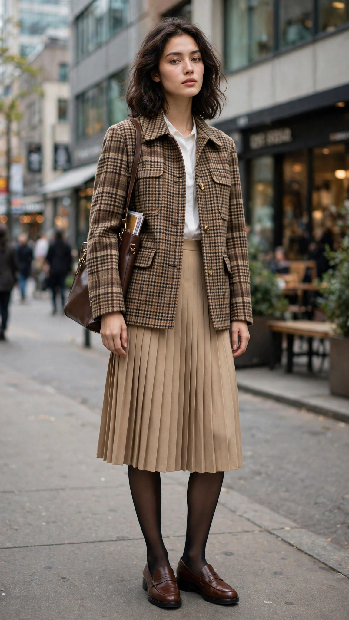 Checked wool jacket with a pleated skirt