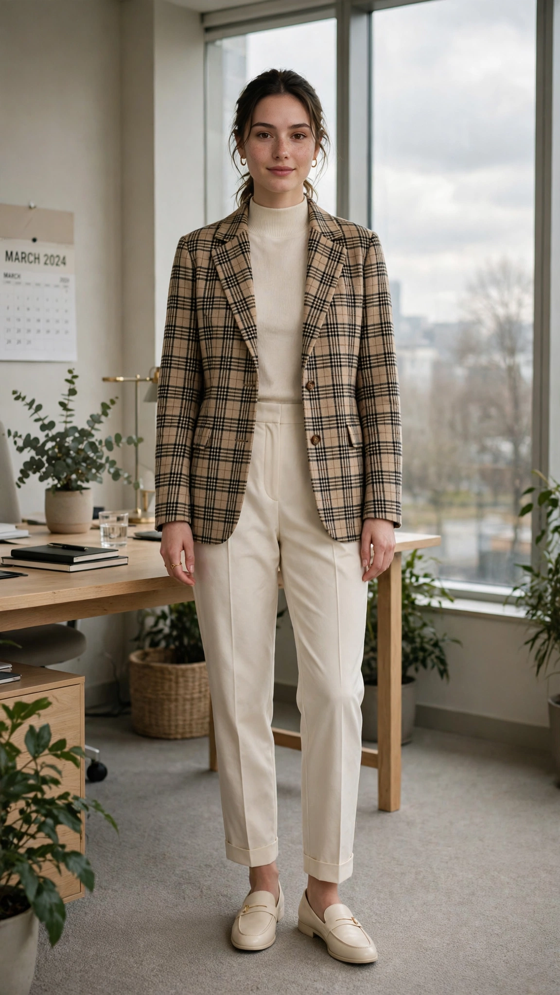 Plaid check jacket with cream trousers