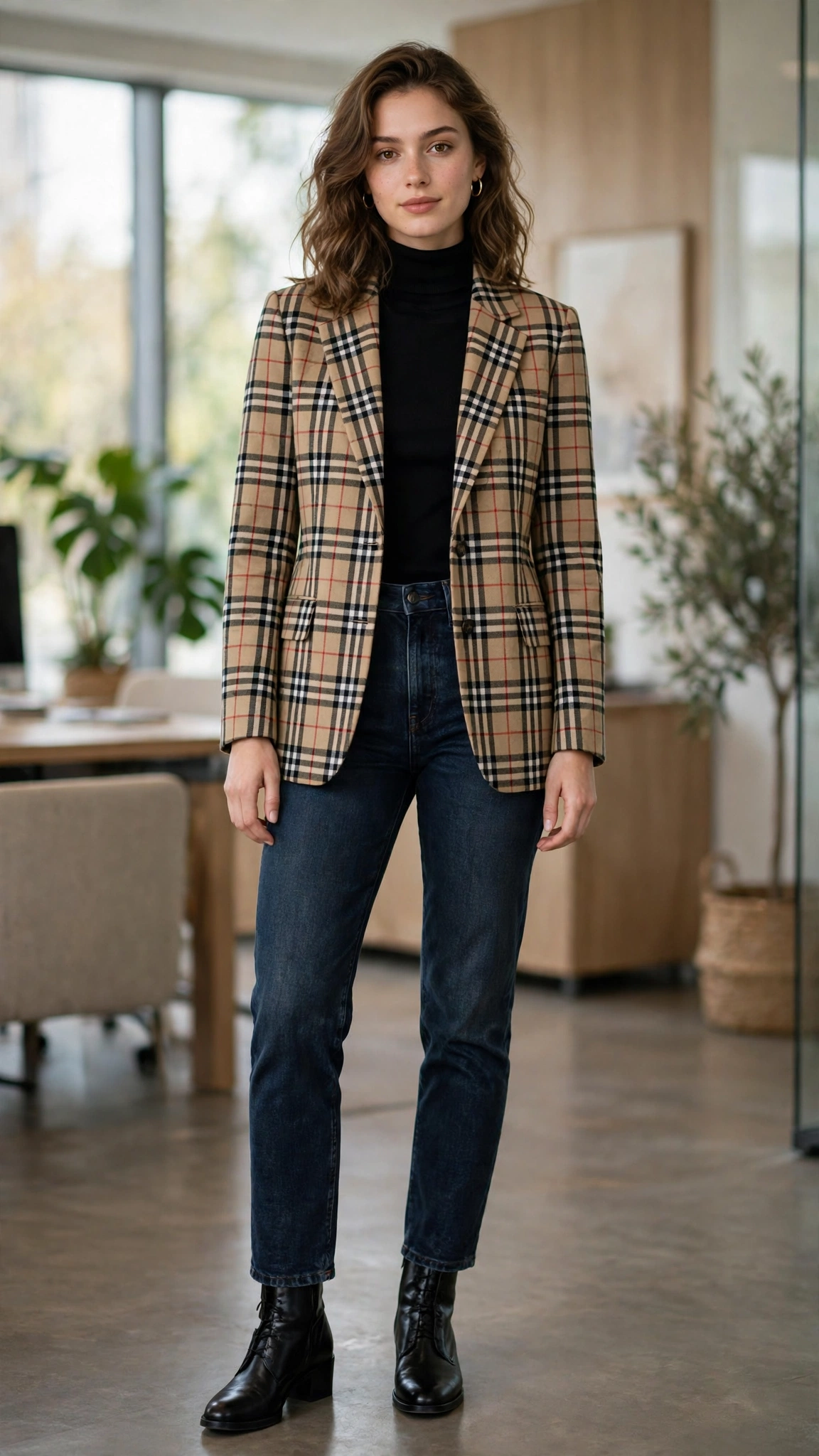 Heritage check jacket with dark-wash jeans