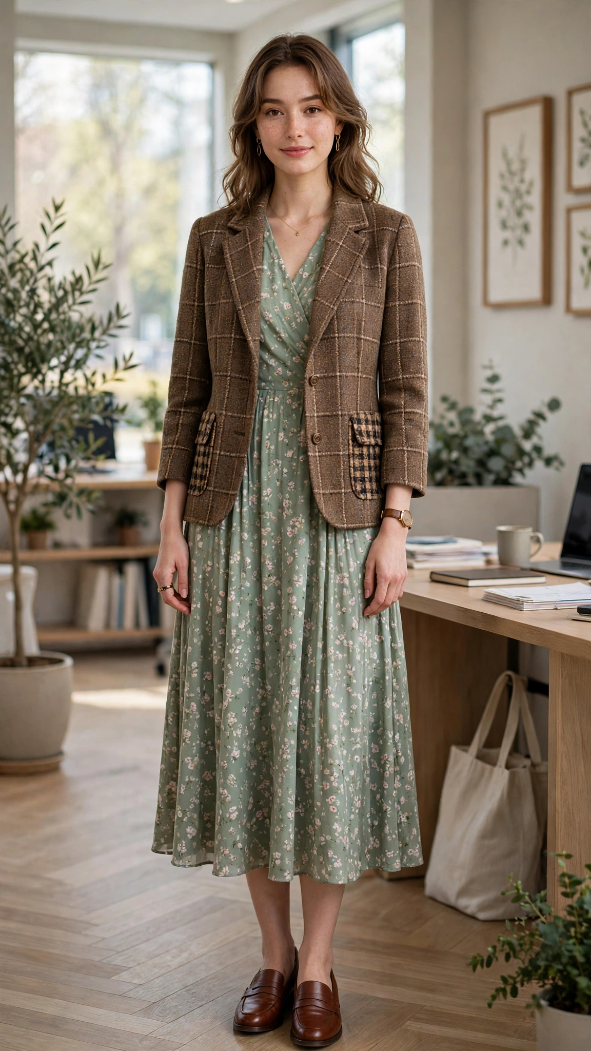 Brown check tweed jacket with a midi dress