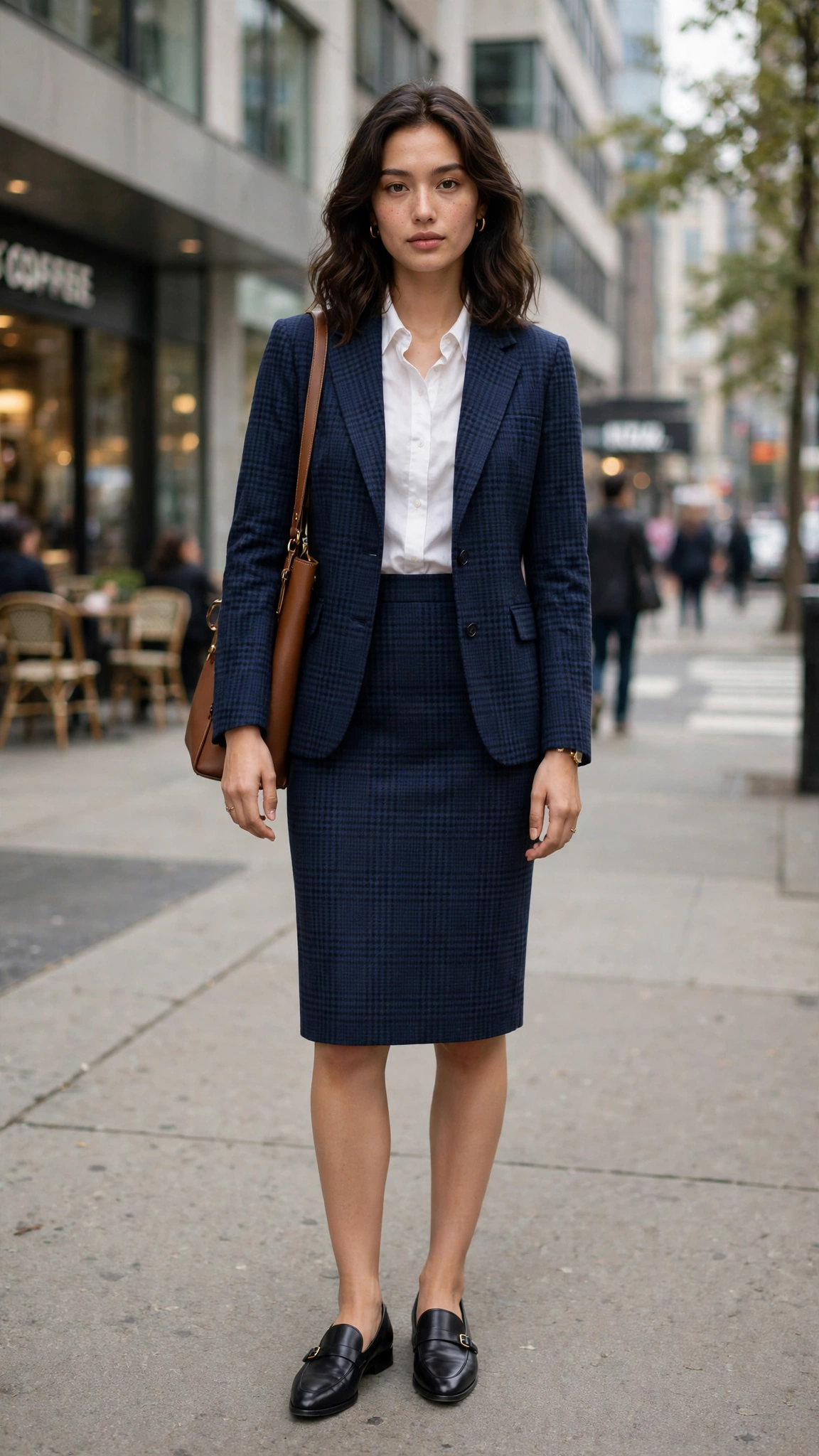 Navy check jacket with a pencil skirt