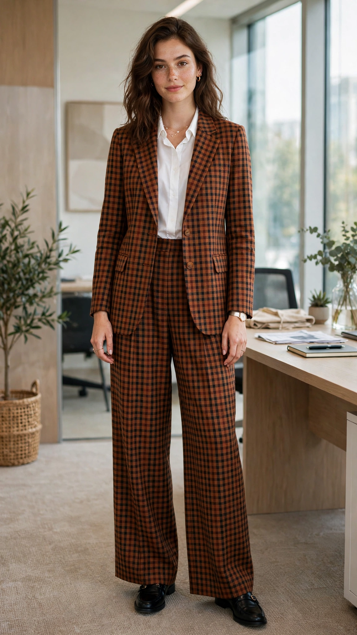 Rust check blazer with wide-leg trousers