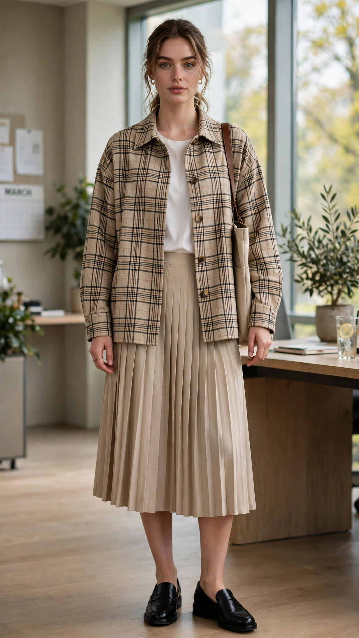 Oversized check jacket with a pleated skirt