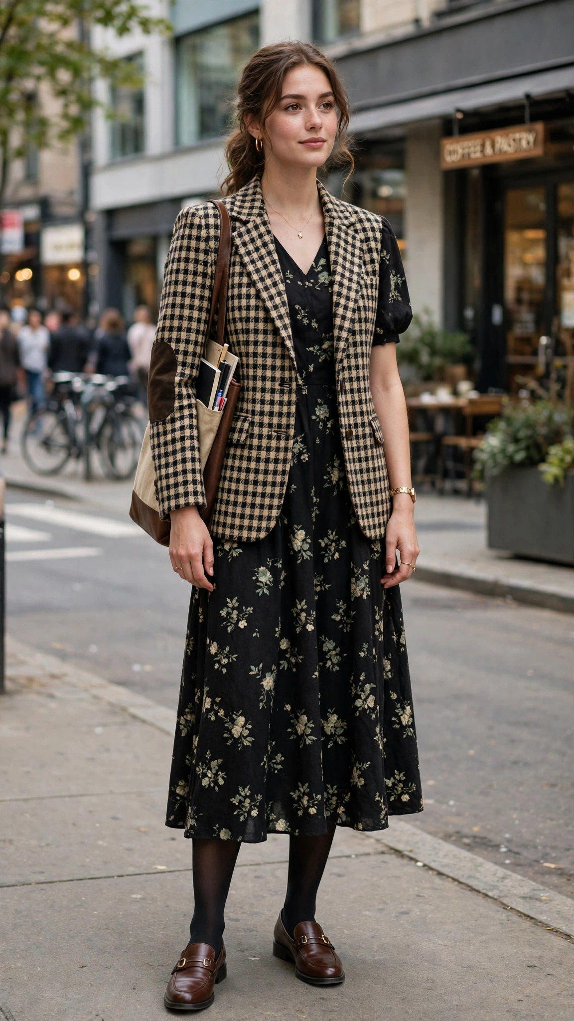 Checked professor jacket with a midi dress