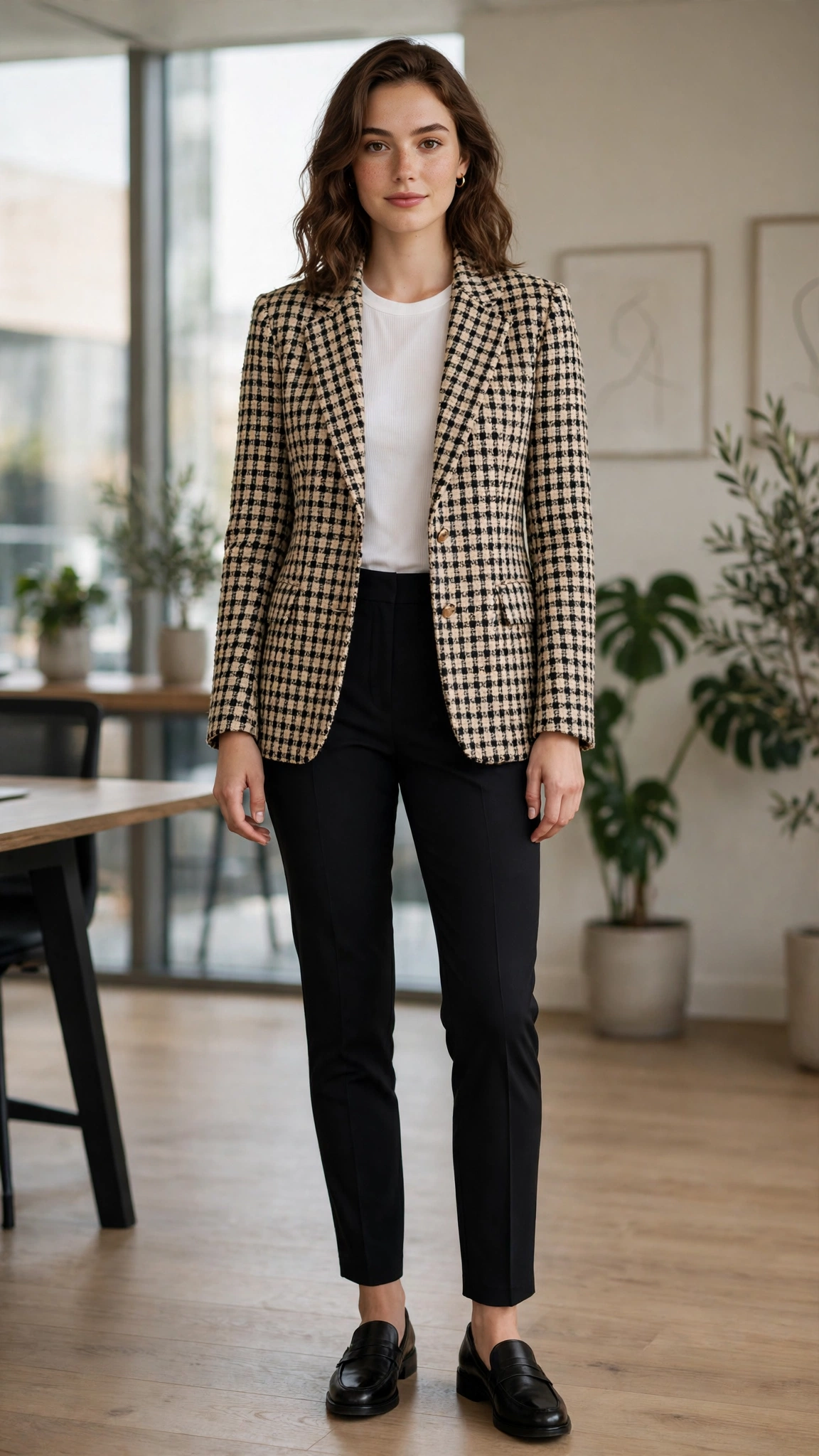 Tweed check blazer with black slim trousers