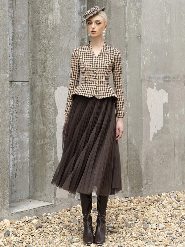 Houndstooth check jacket with a pleated skirt
