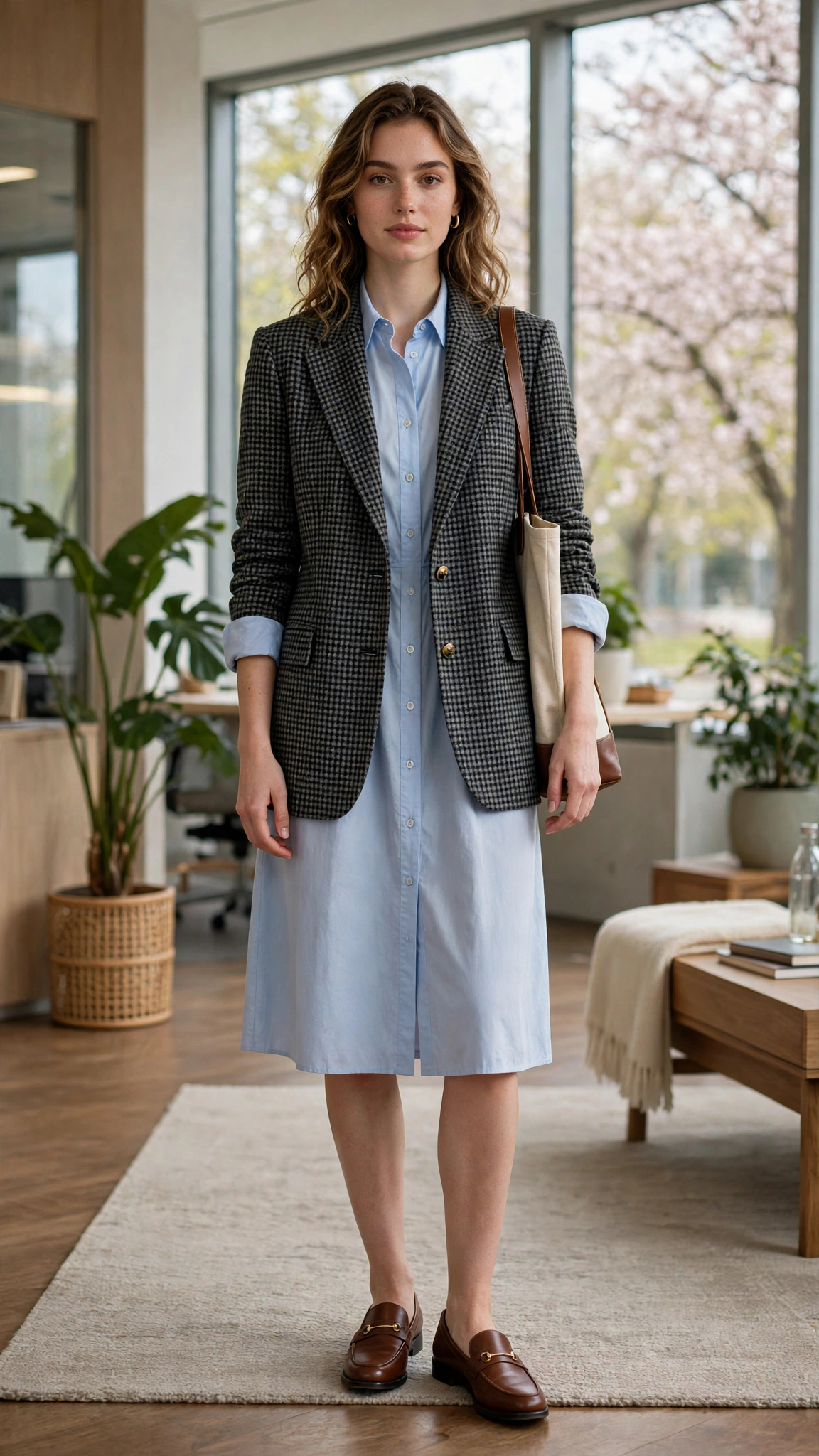 Glen check blazer with a shirt dress