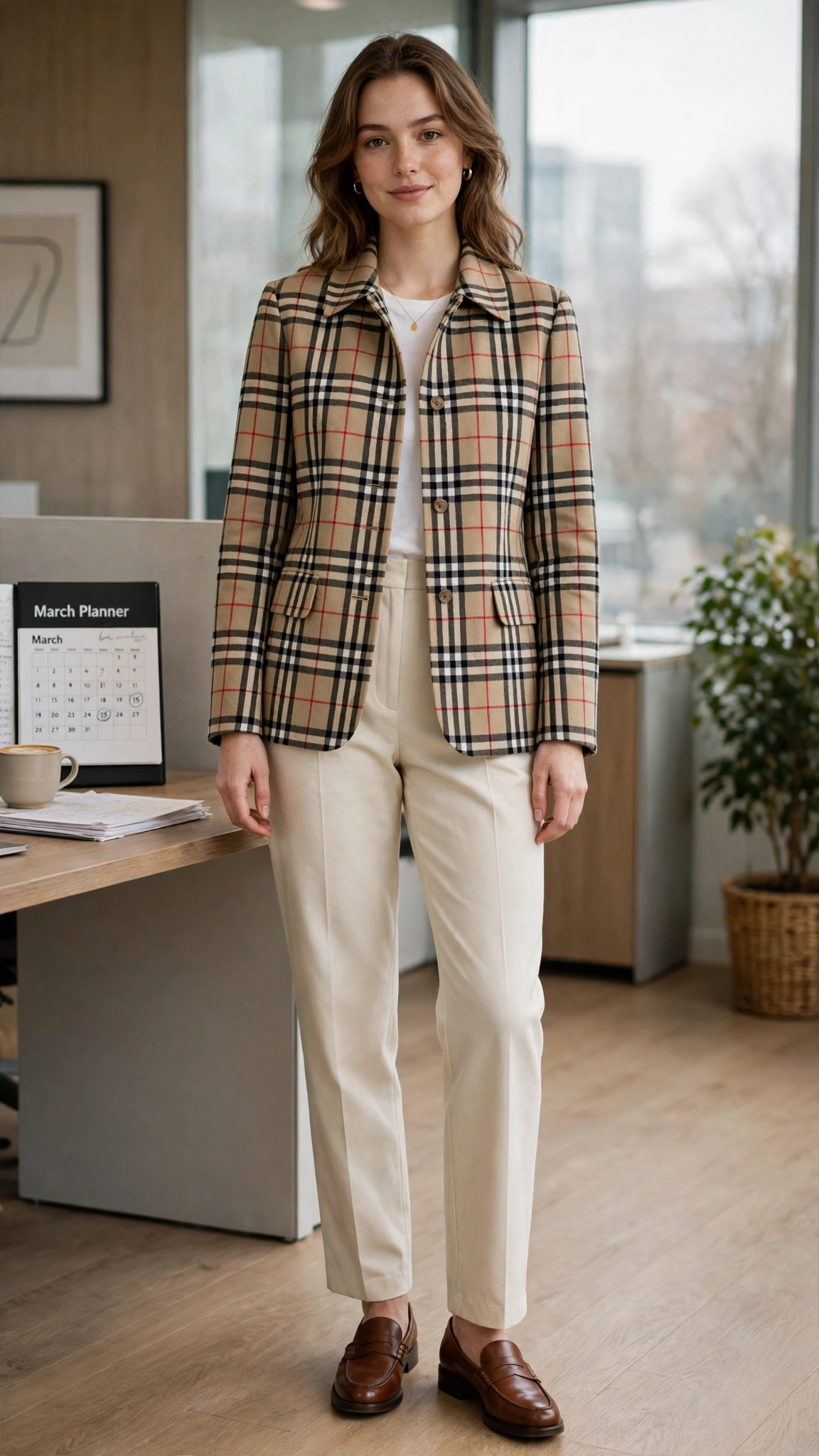 Heritage check jacket with cream trousers