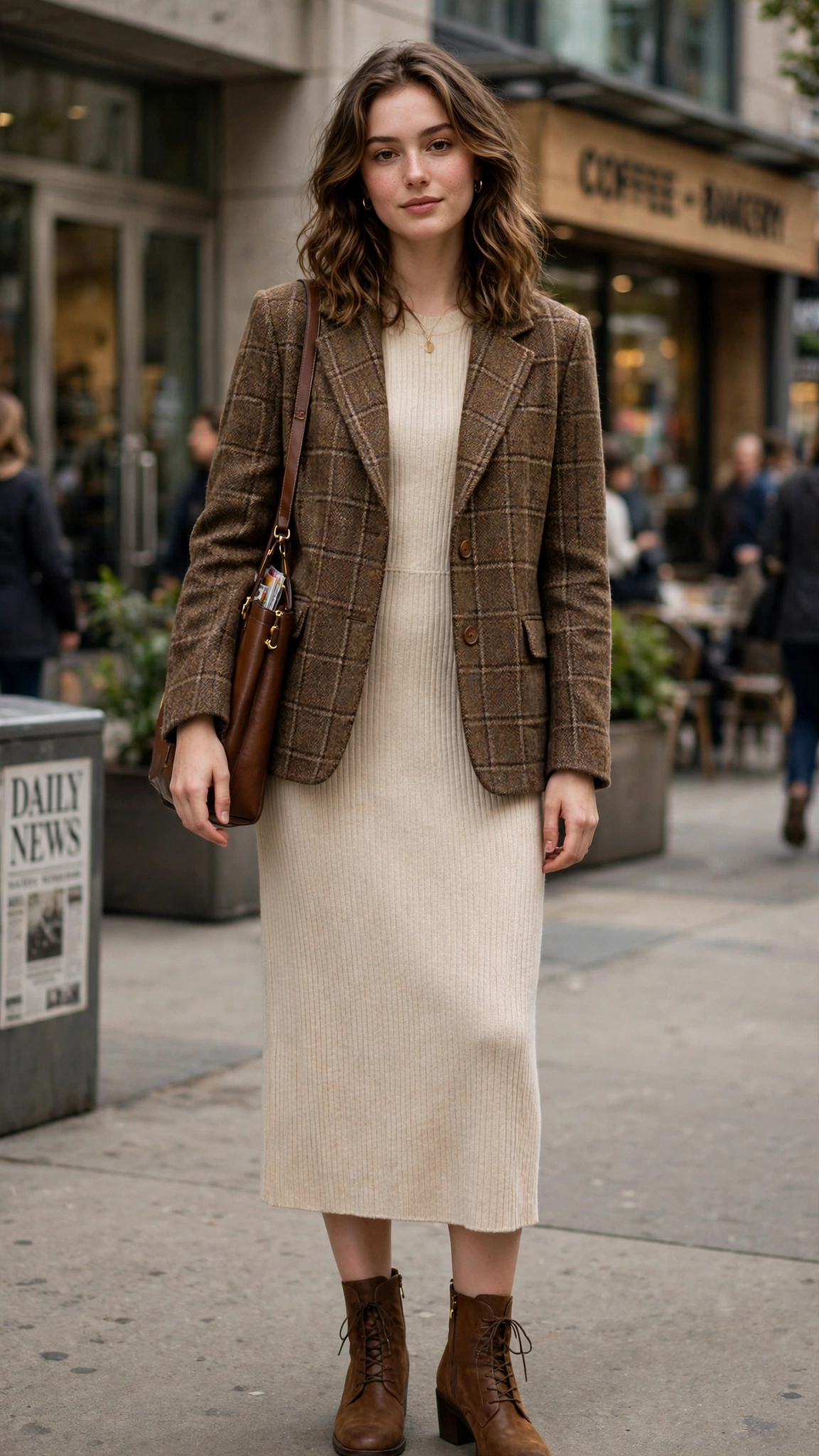 Brown check tweed jacket with a knit midi dress