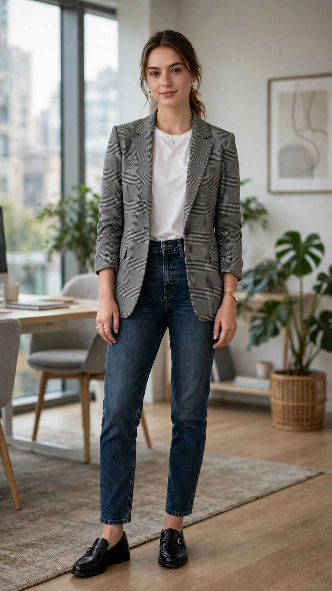 Grey check blazer with dark-wash jeans