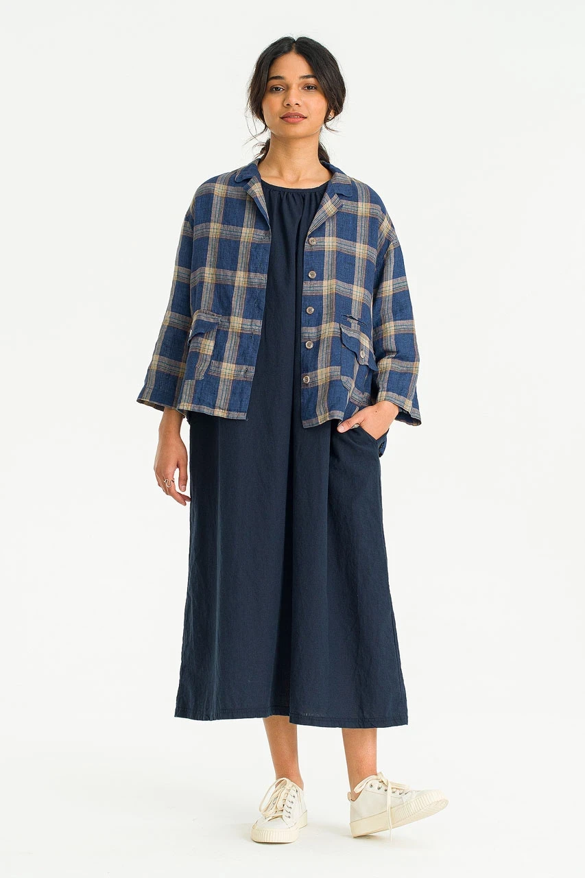Navy check jacket with a midi dress
