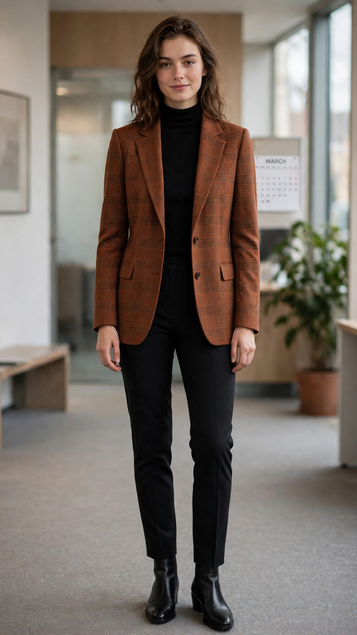Rust check blazer with black slim trousers