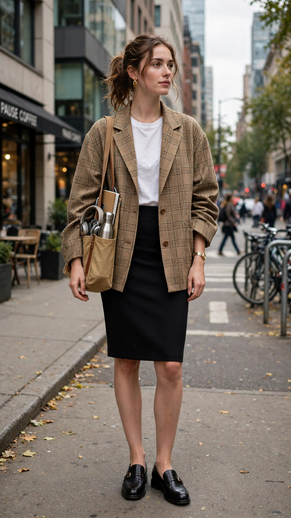 Oversized check jacket with a pencil skirt