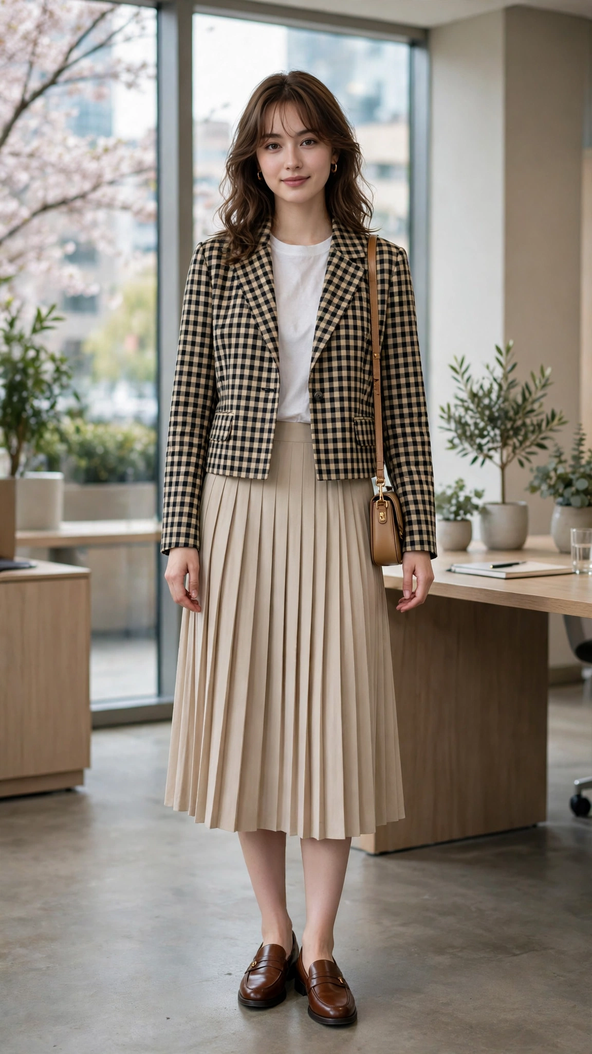 Cropped check jacket with a pleated skirt