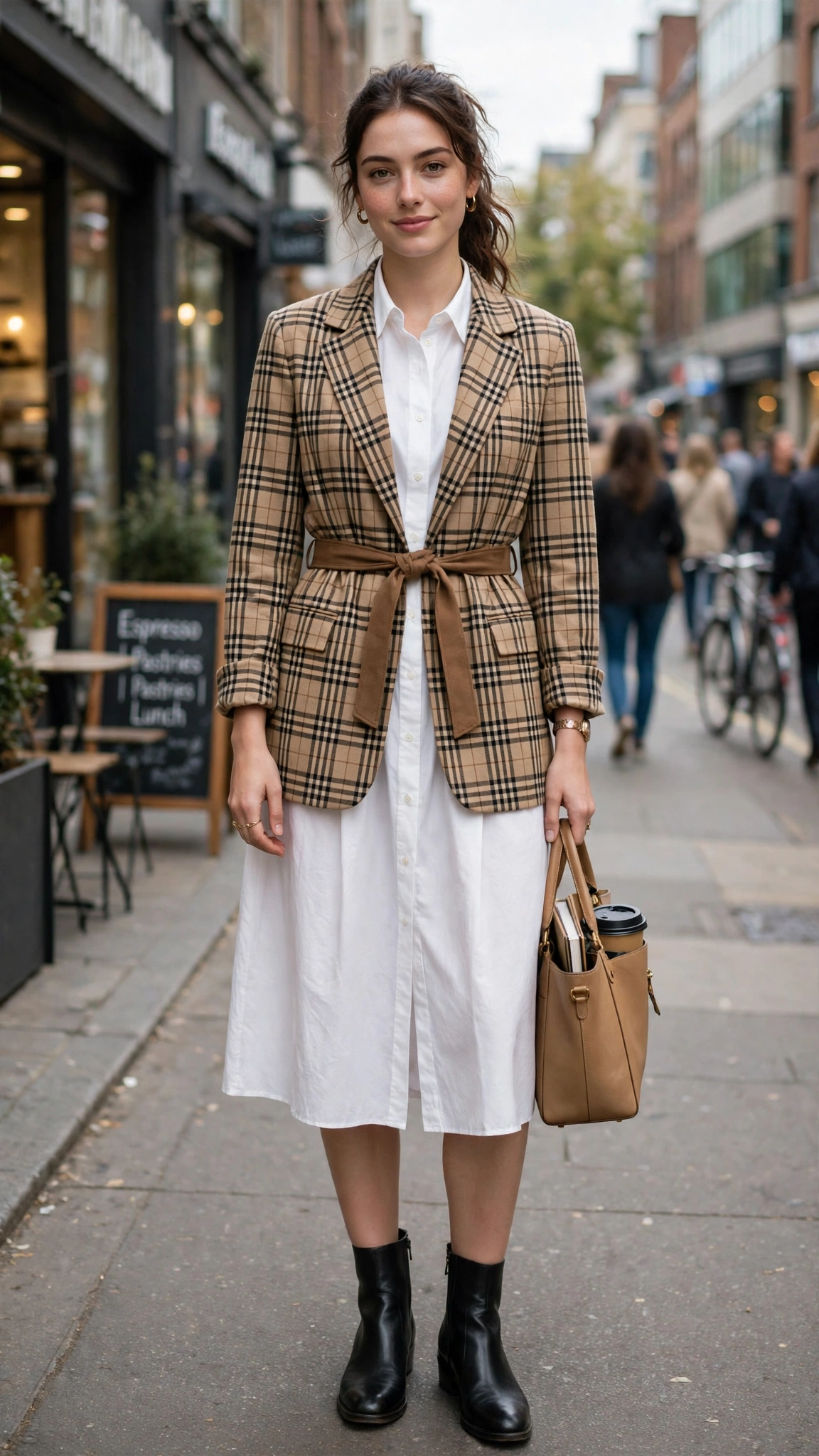 Belted check jacket with a shirt dress