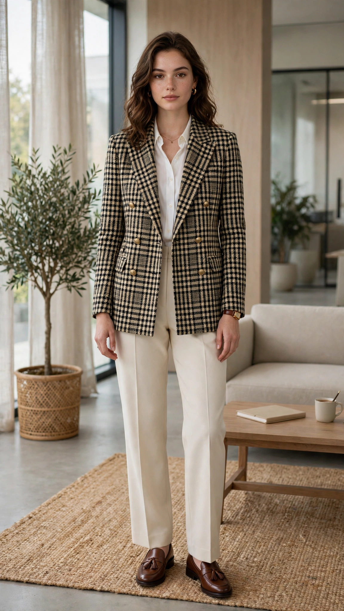 Double-breasted check blazer with cream trousers