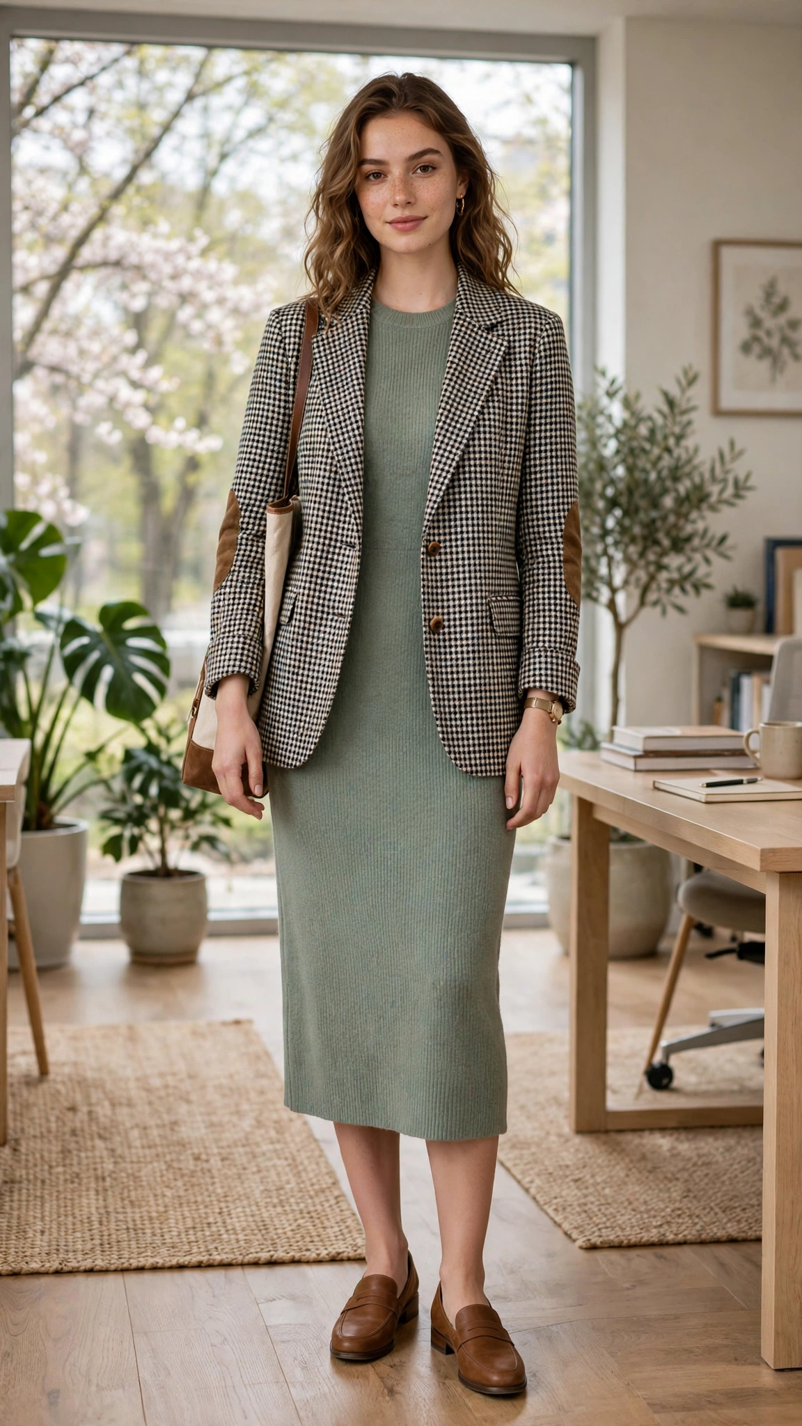 Checked professor jacket with a knit midi dress