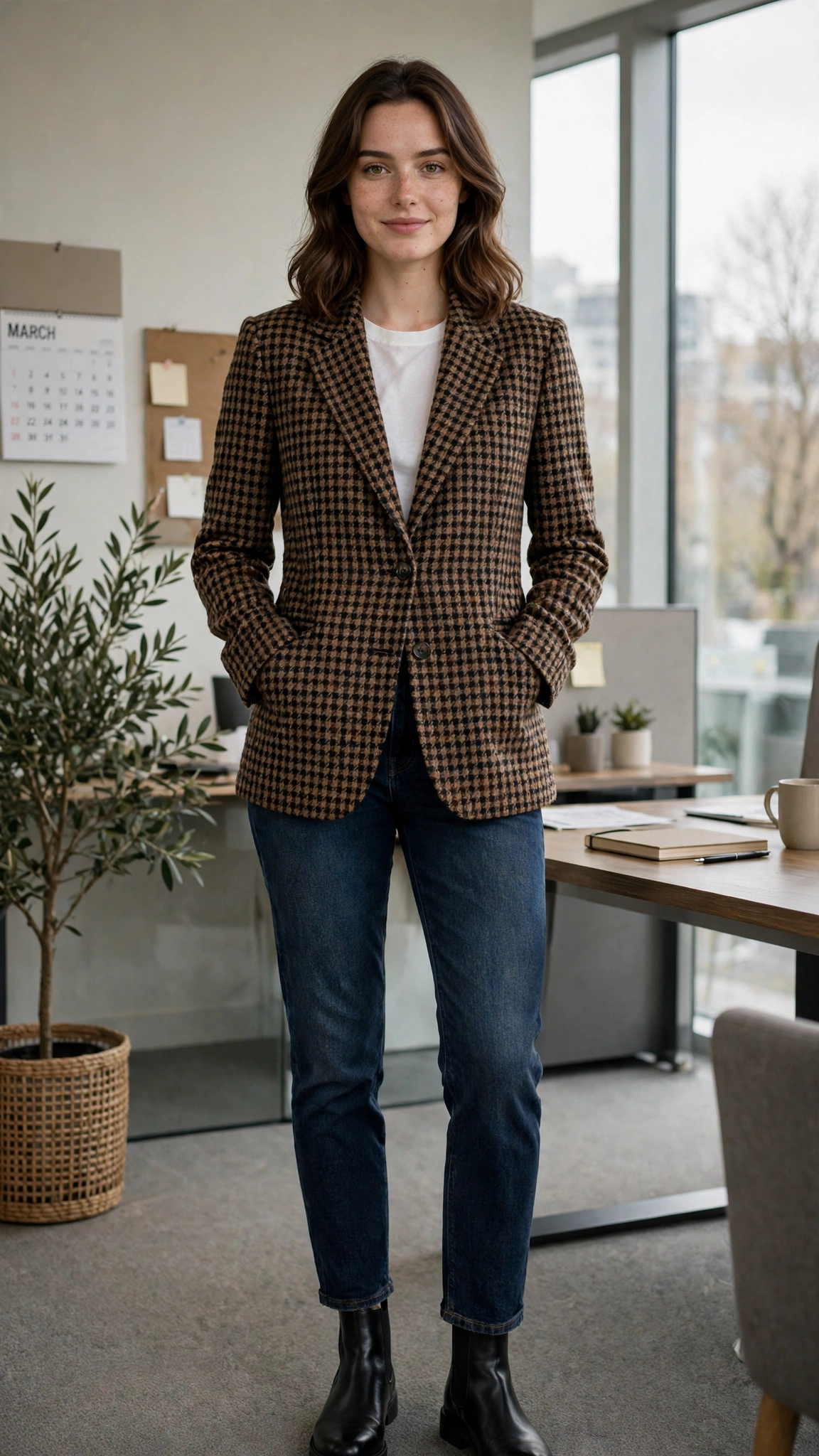Tweed check blazer with dark-wash jeans