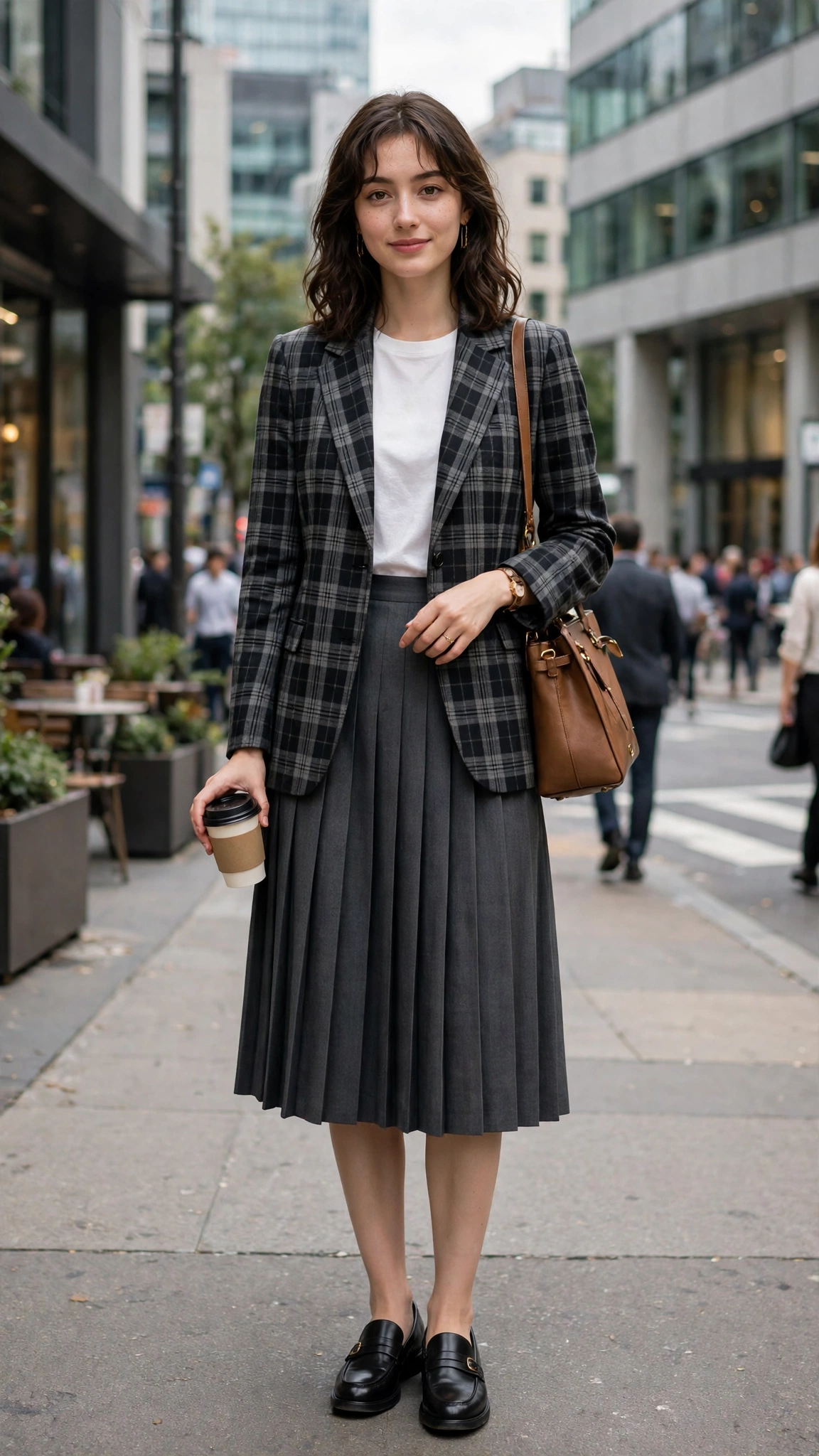 Glen check blazer with a pleated skirt