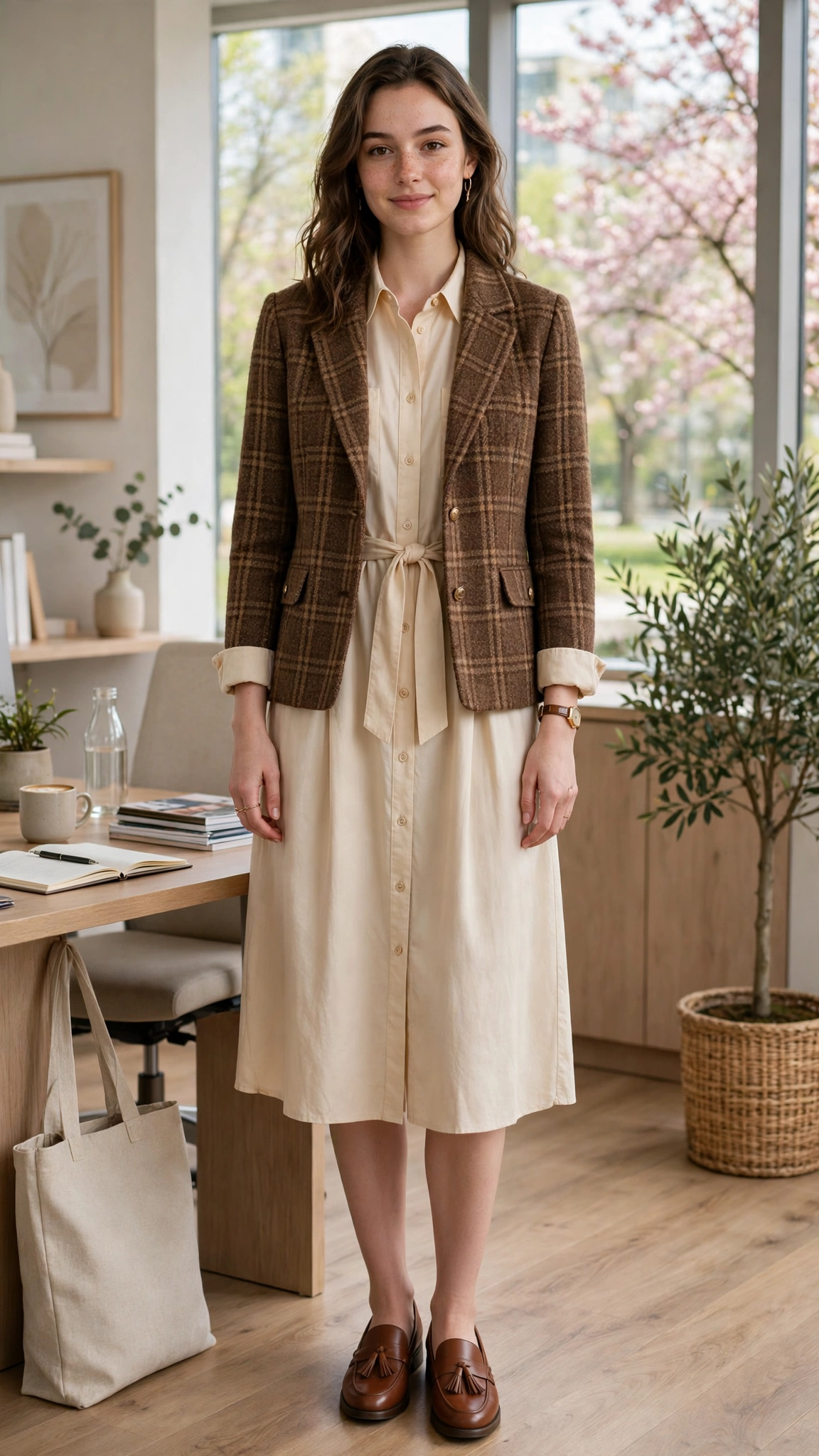 Brown check tweed jacket with a shirt dress