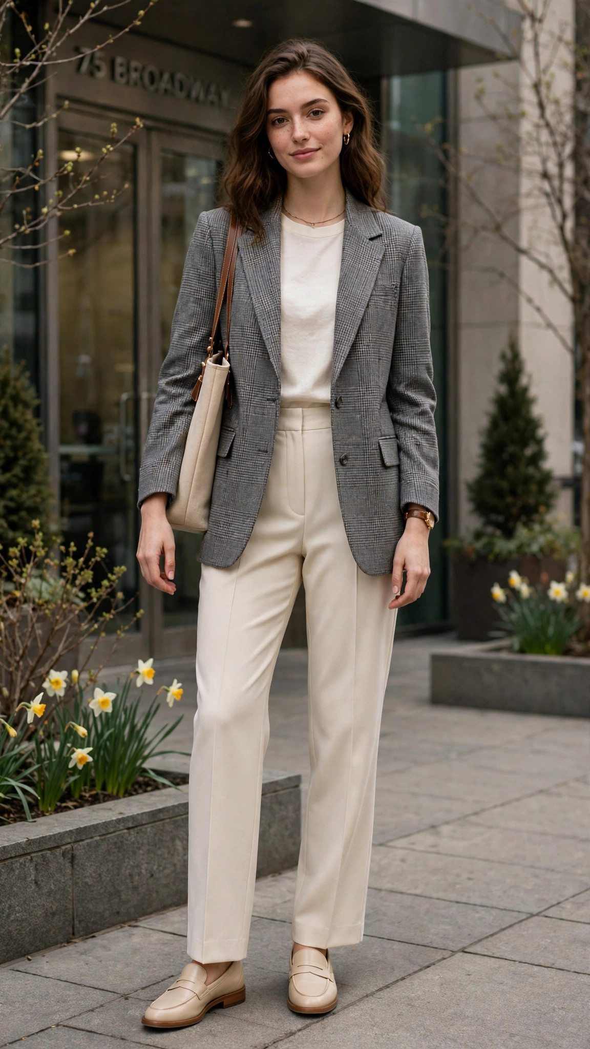 Grey check blazer with cream trousers