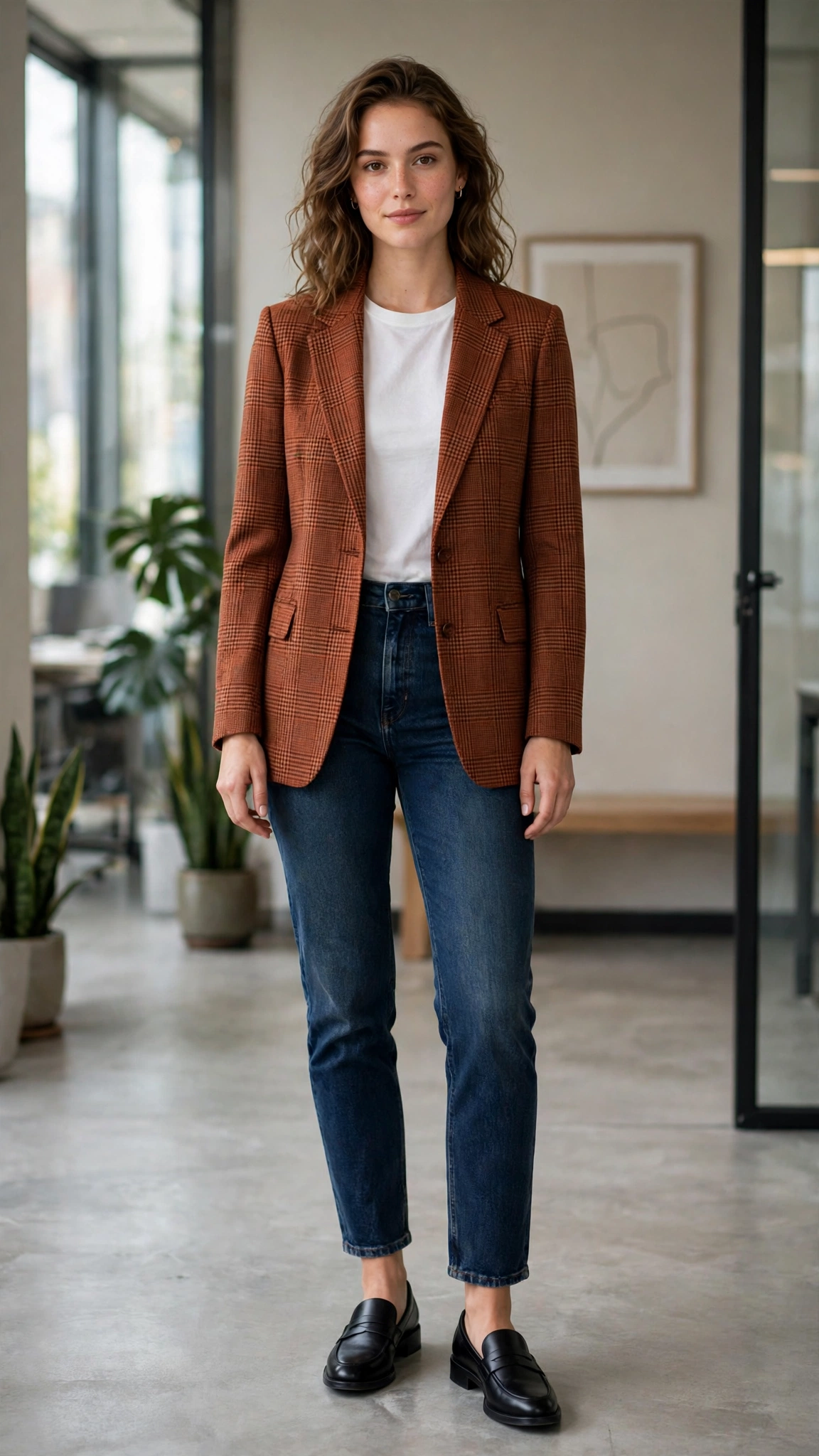 Rust check blazer with dark-wash jeans