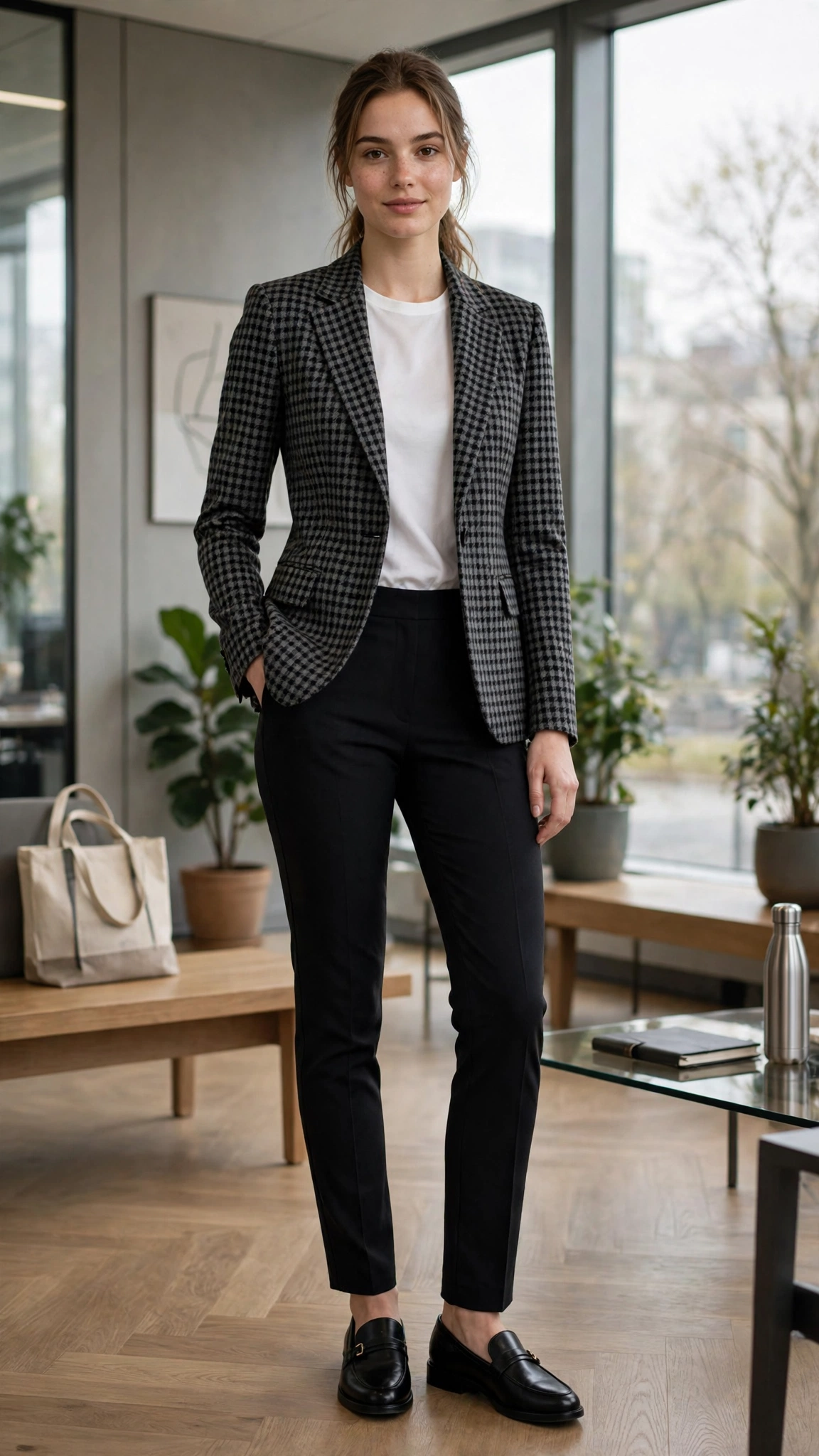 Fitted check blazer with black slim trousers