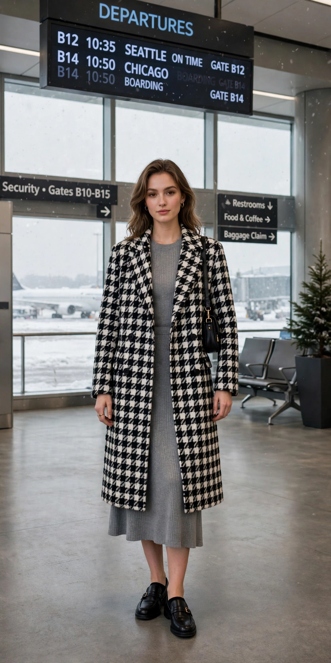 Black and white checked wool coat, grey midi dress and classic loafers
