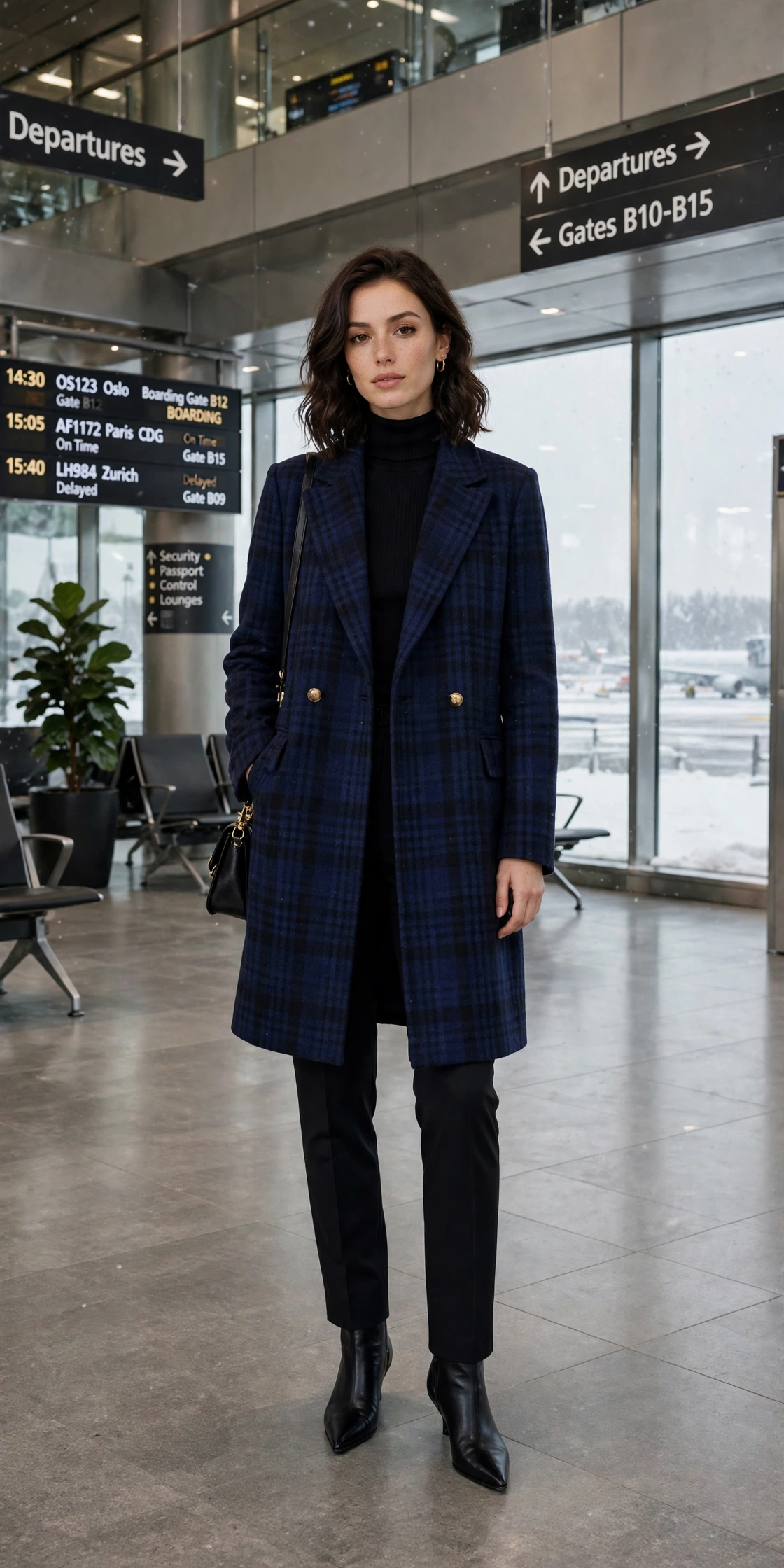 Navy checked wool coat, black trousers and black pointed boots